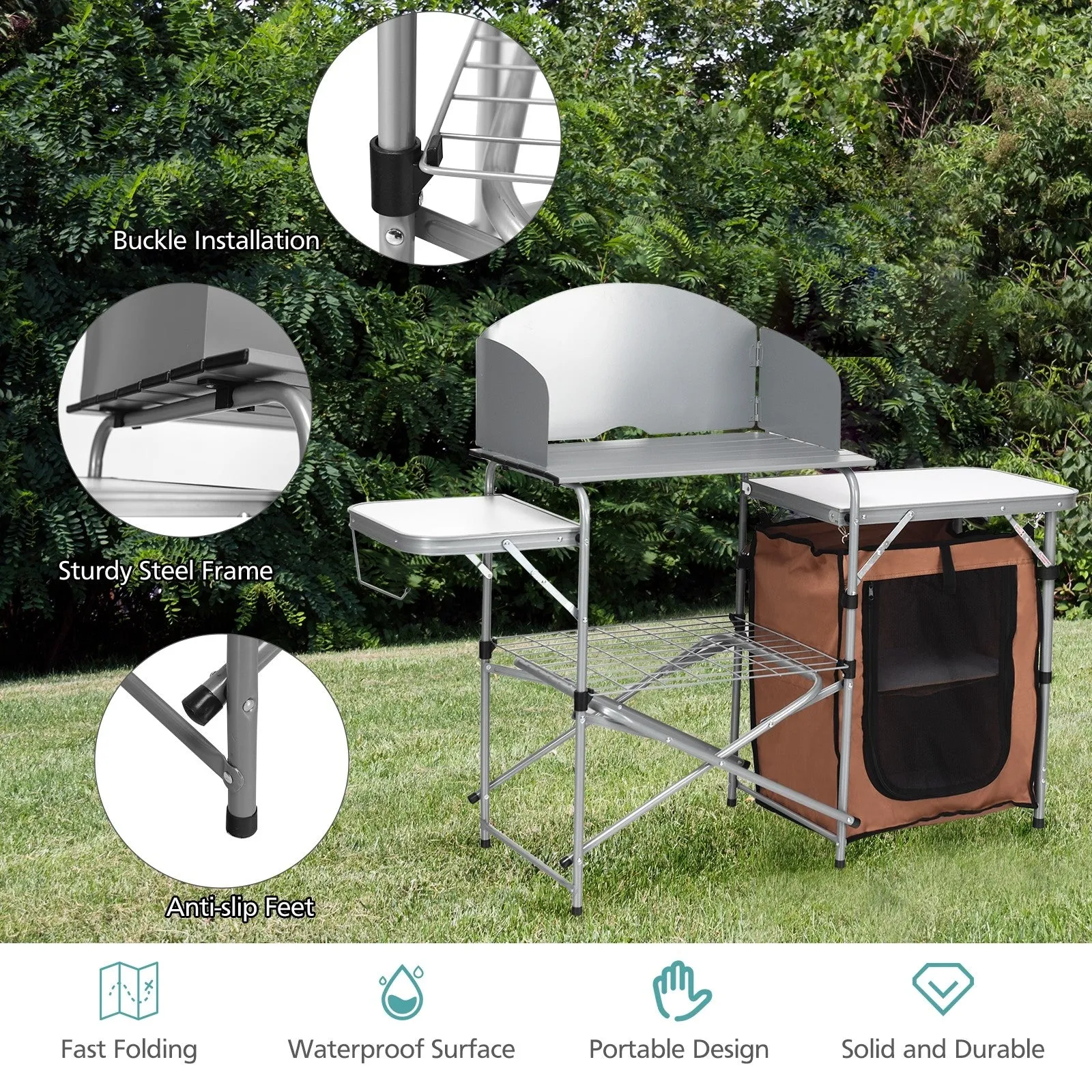 Foldable Outdoor BBQ Grilling Table With Windscreen Bag