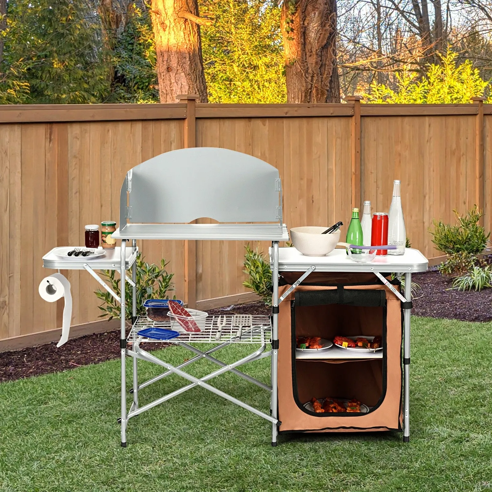 Foldable Outdoor BBQ Grilling Table With Windscreen Bag
