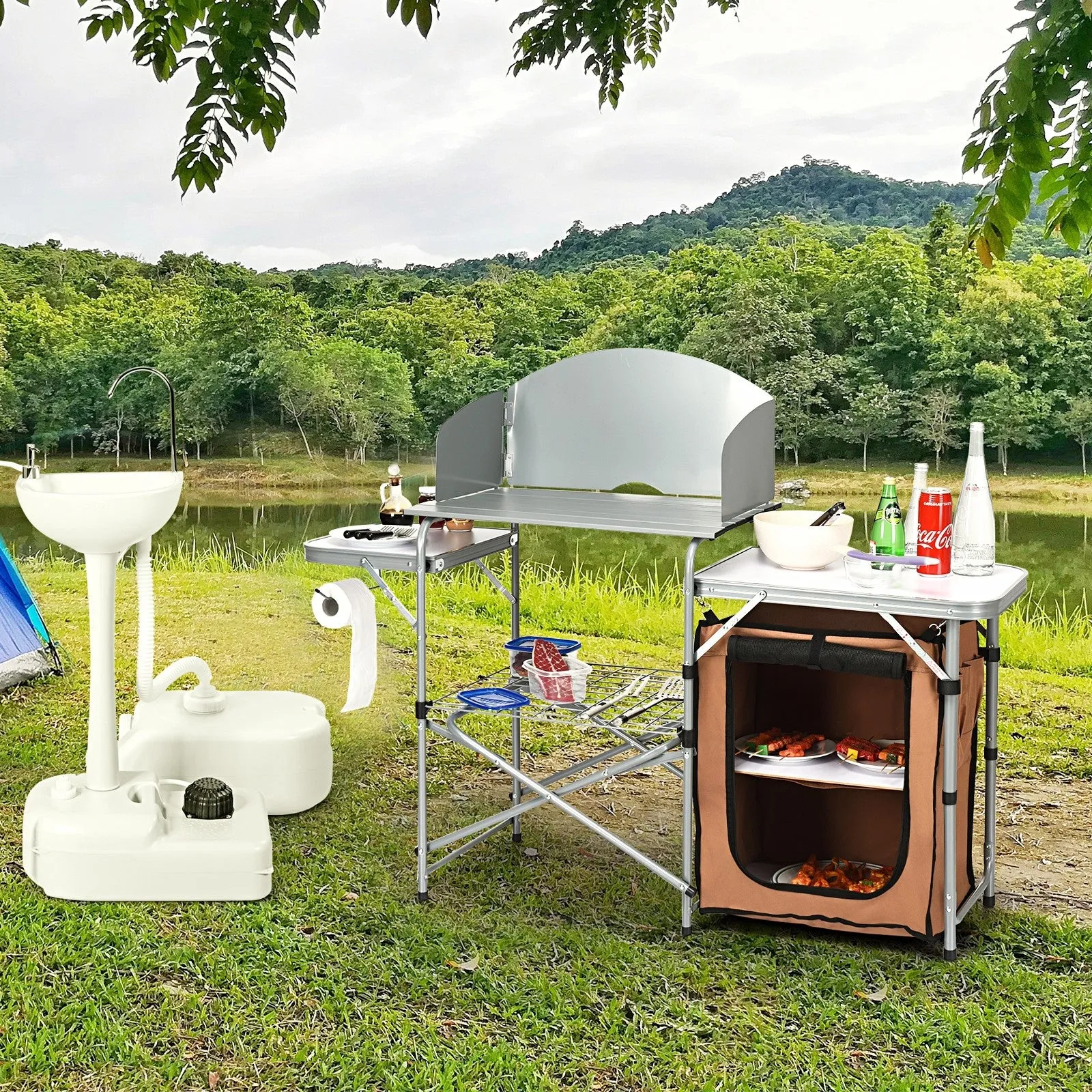 Foldable Outdoor BBQ Grilling Table With Windscreen Bag