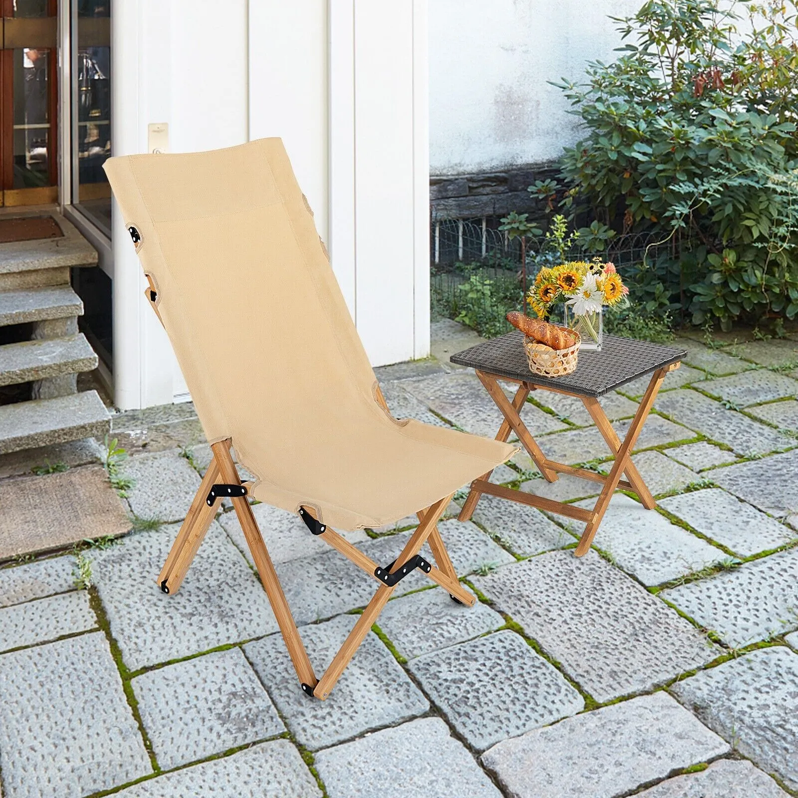 Folding Beach Chair with 2-Level Adjustable Backrest and Carrying Bag-Natural