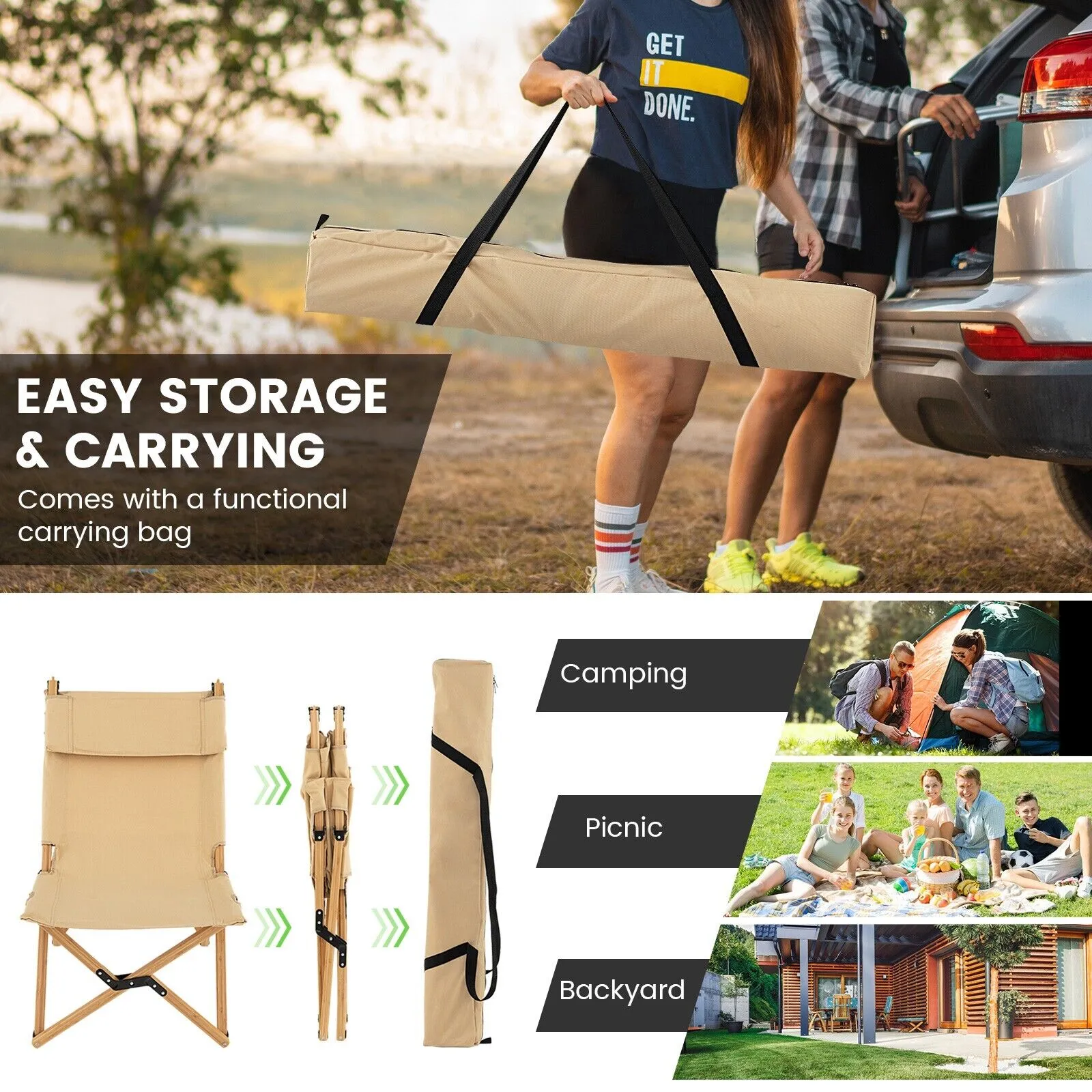 Folding Beach Chair with 2-Level Adjustable Backrest and Carrying Bag-Natural