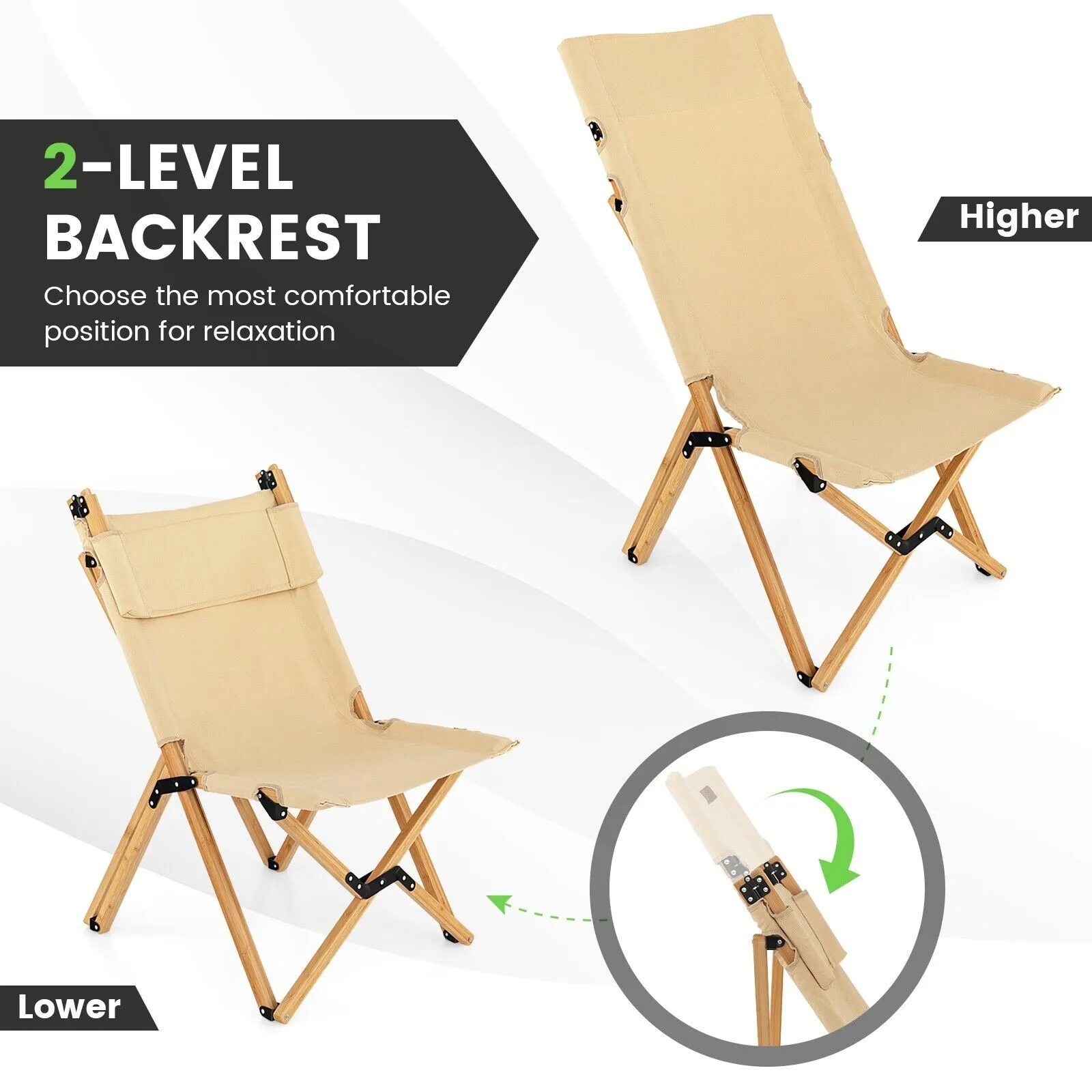 Folding Beach Chair with 2-Level Adjustable Backrest and Carrying Bag-Natural