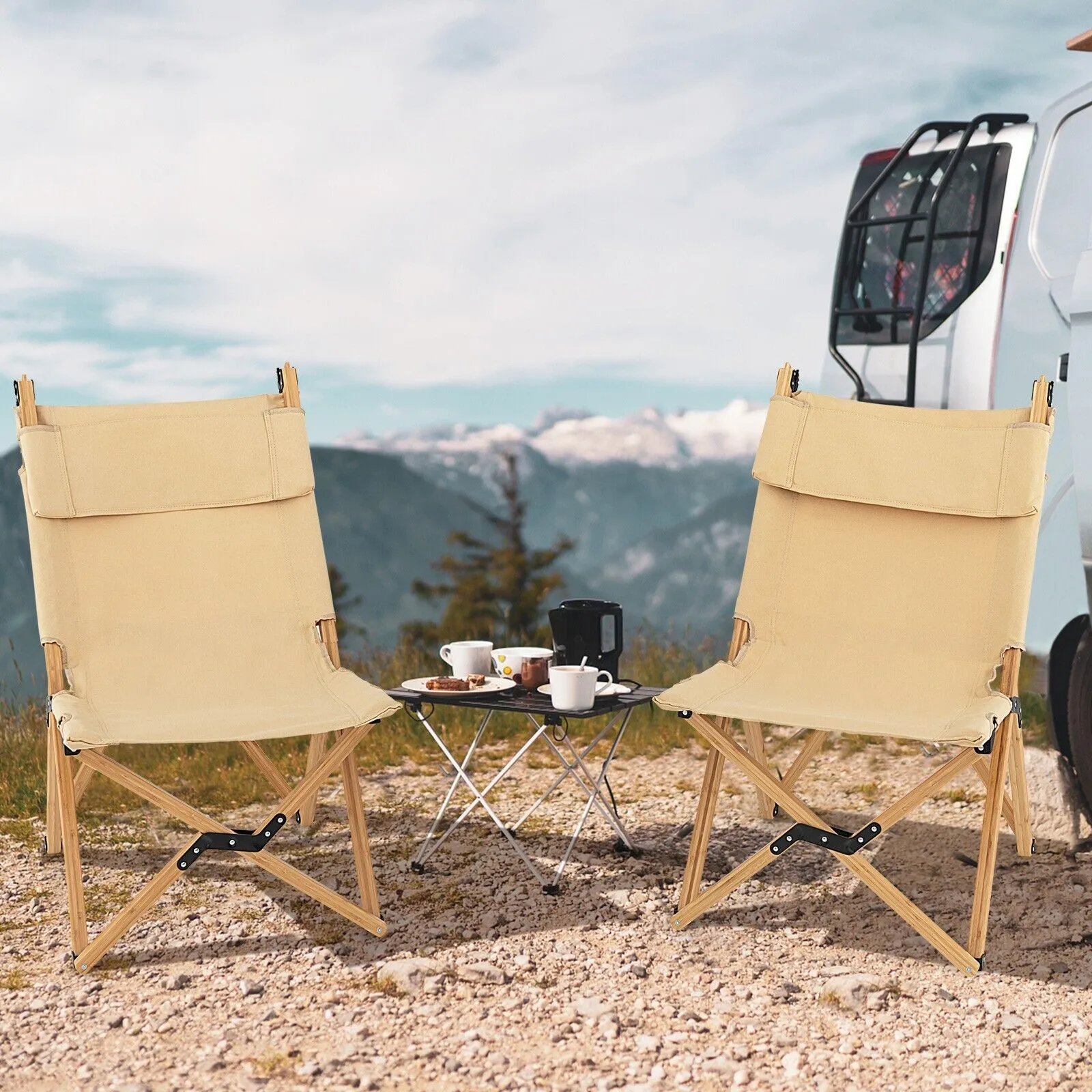 Folding Beach Chair with 2-Level Adjustable Backrest and Carrying Bag-Natural