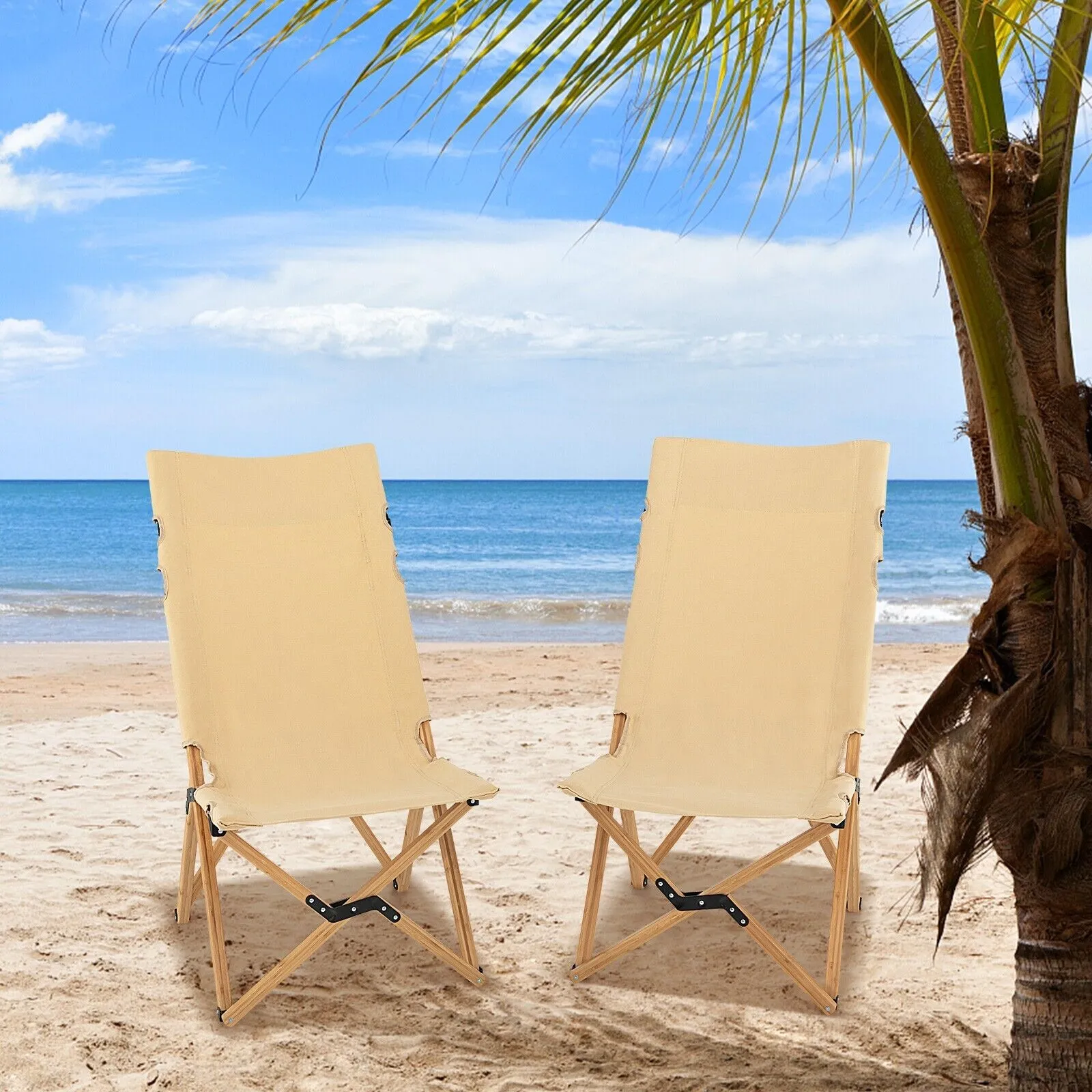 Folding Beach Chair with 2-Level Adjustable Backrest and Carrying Bag-Natural