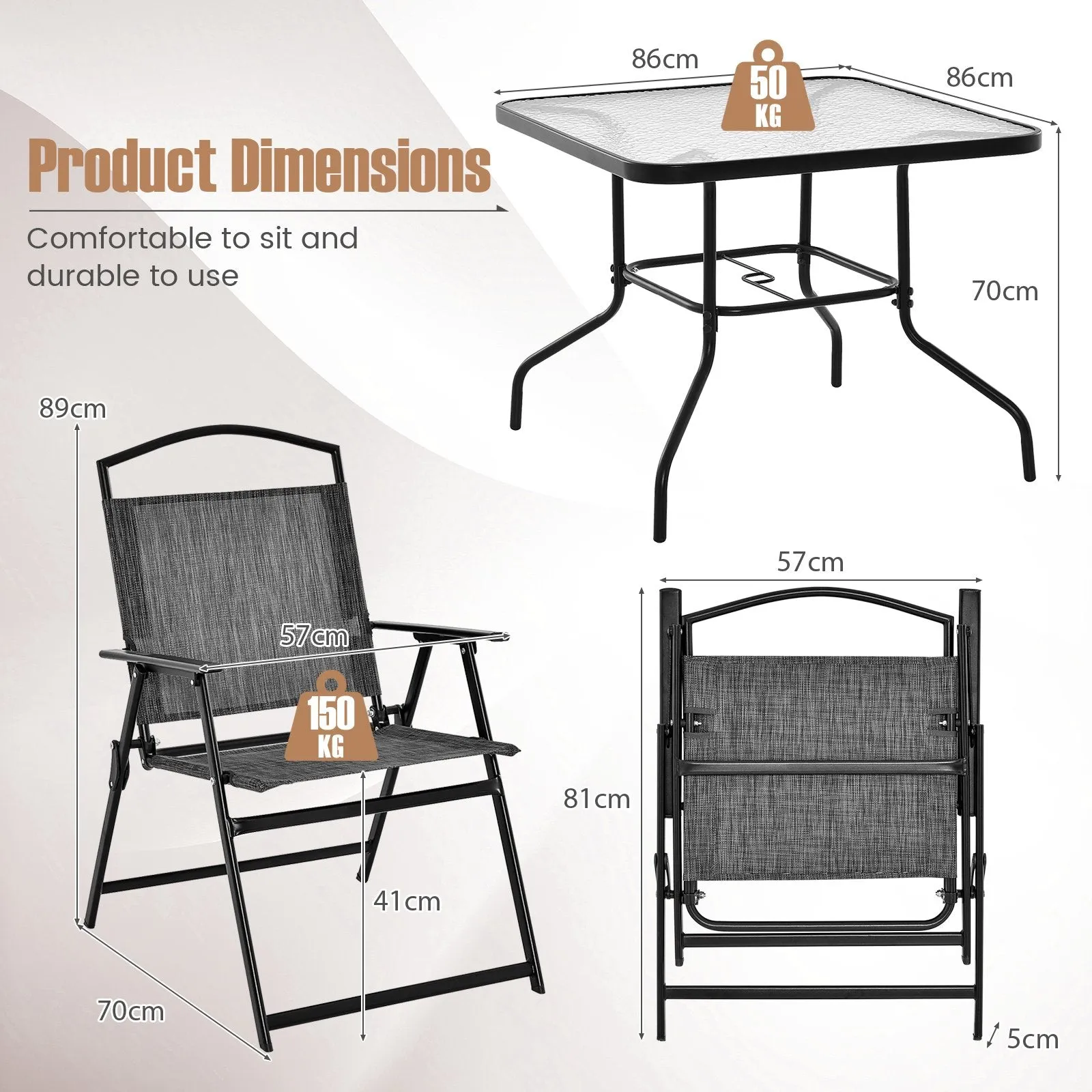 Folding Chairs snd Dining Table Set with Umbrella Hole-Grey