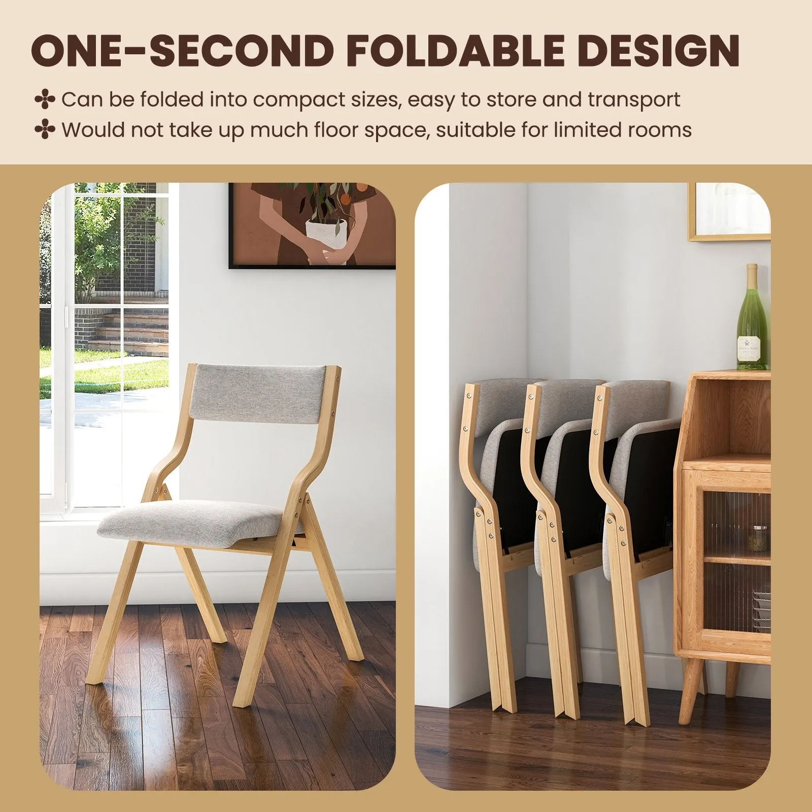 Folding Dining Chair Set of 2 with Solid Wood Frame and Padded Seat-Grey
