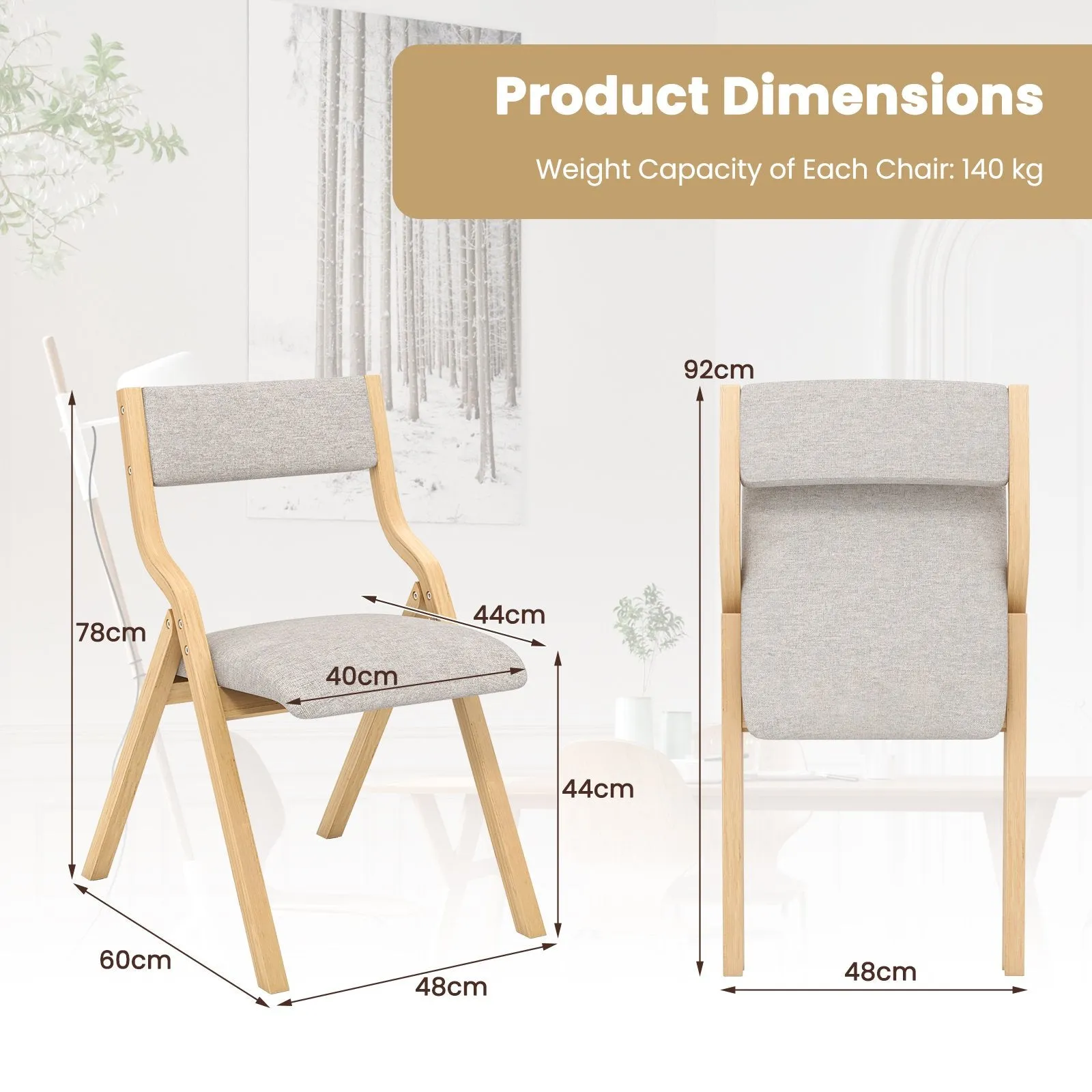 Folding Dining Chair Set of 2 with Solid Wood Frame and Padded Seat-Grey