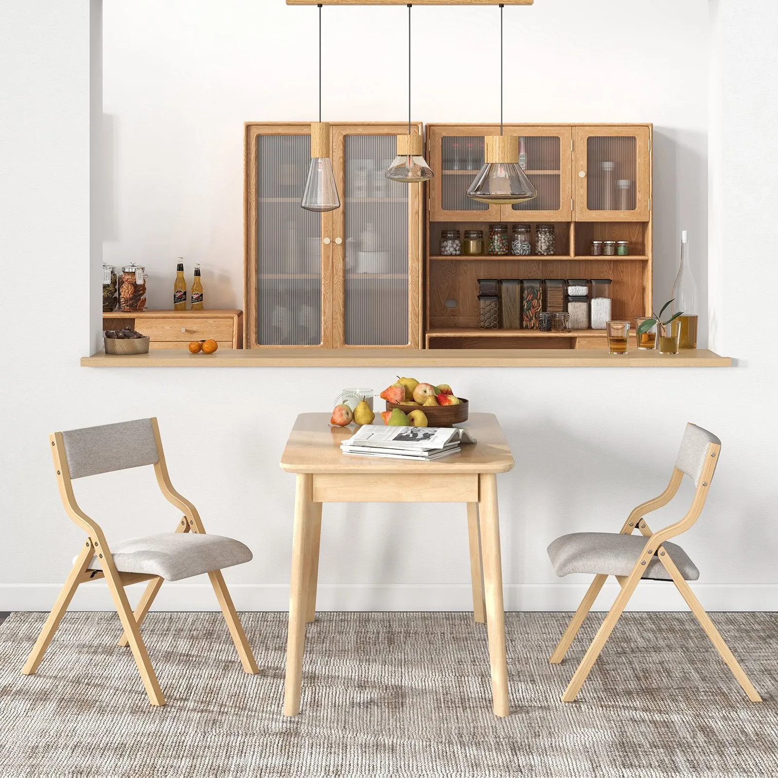 Folding Dining Chair Set of 2 with Solid Wood Frame and Padded Seat-Grey