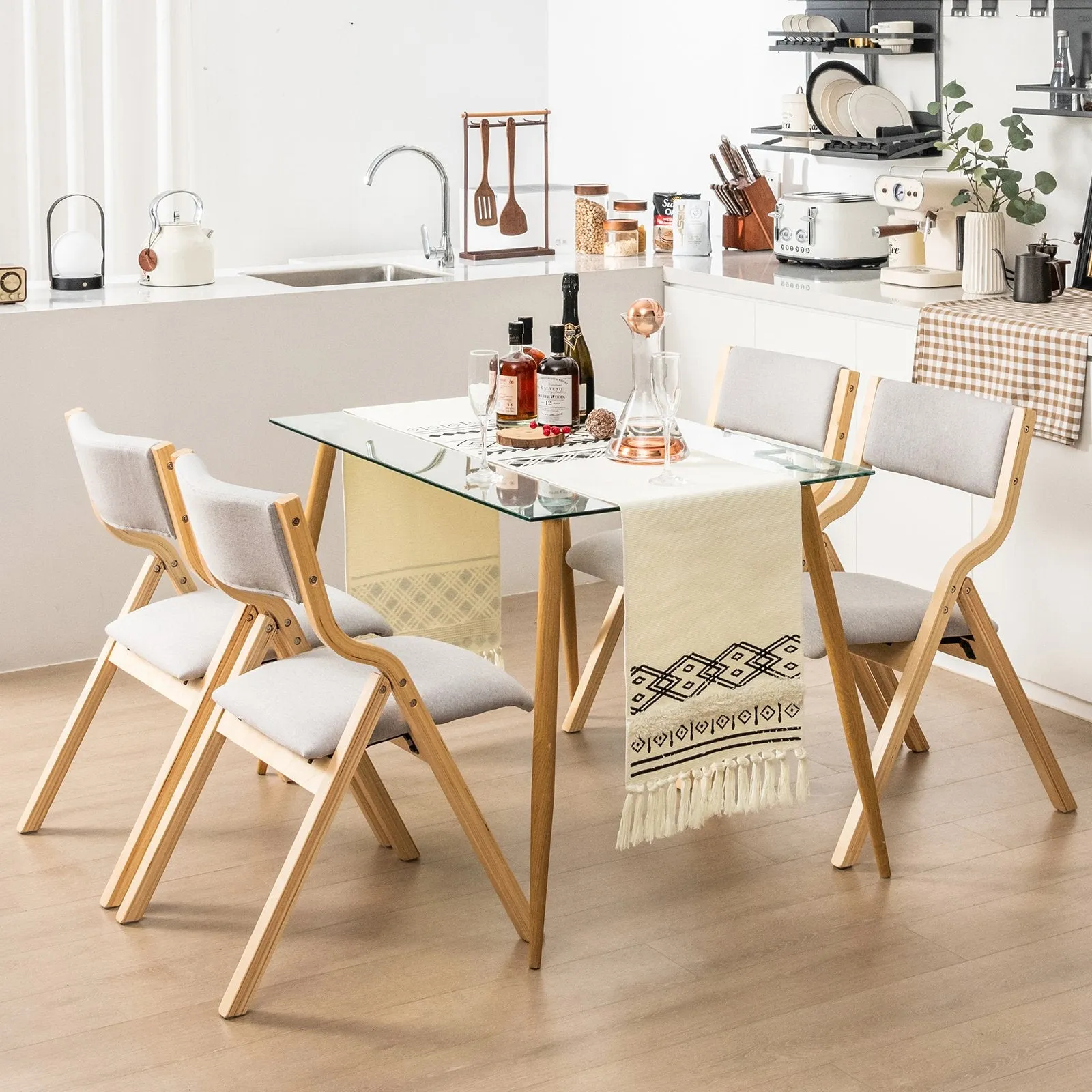 Folding Dining Chair Set of 2 with Solid Wood Frame and Padded Seat-Grey