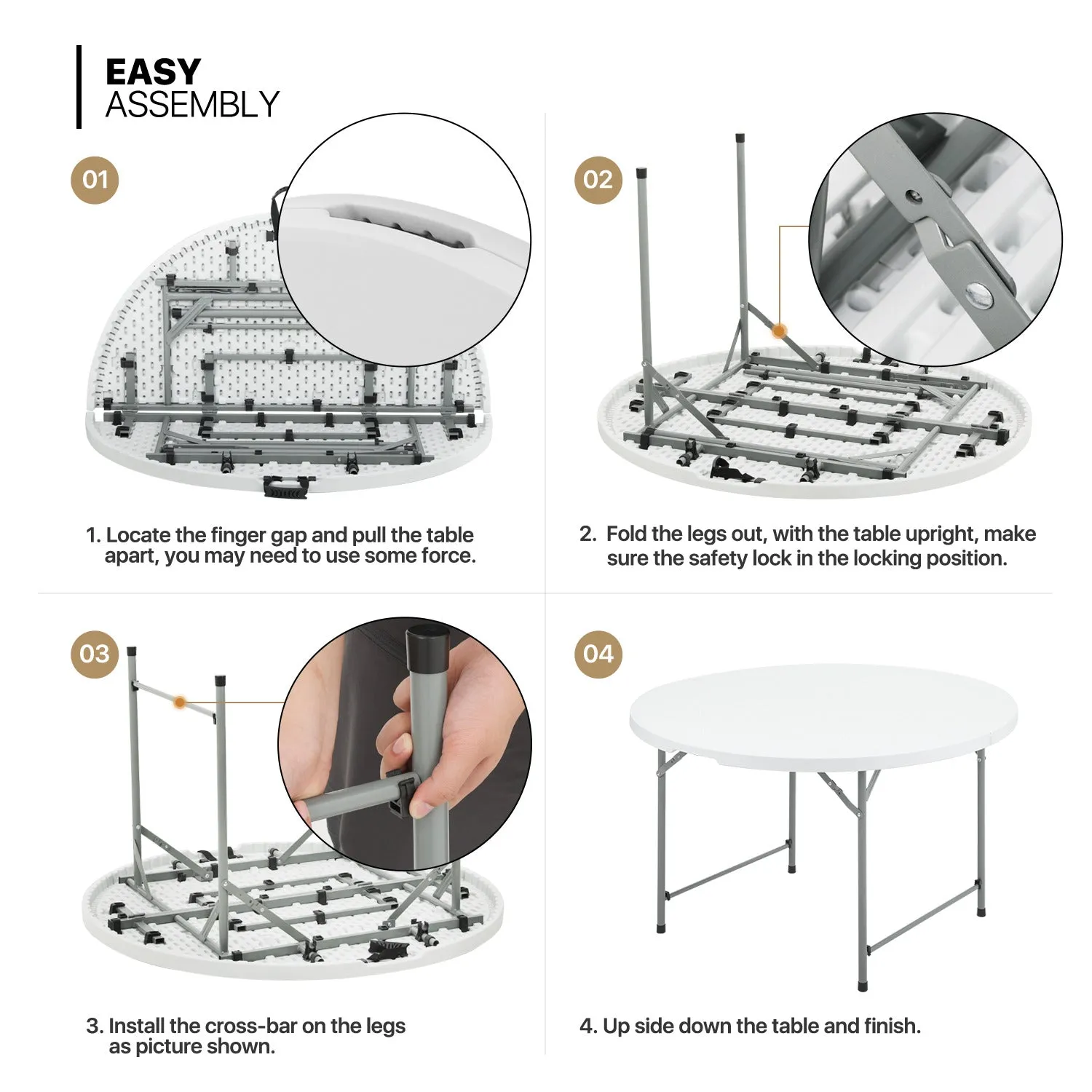 Folding Portable Round Plastic Table - Length 48"/54"/60"/66"