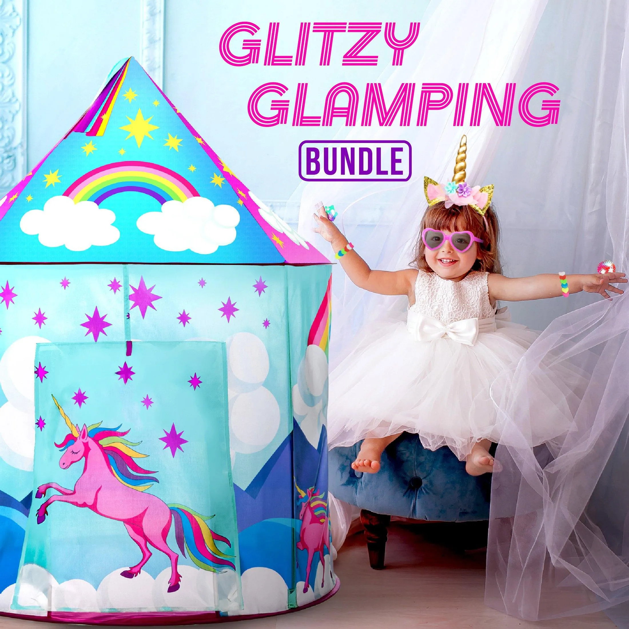 Glitzy Glamping Kit - Unicorn Play Tent, Unicorn Headbands, Jelly Rings and Princess Party Favors