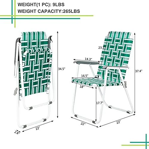 HomVent Patio Folding Web Chair Set, 2 Pack Folding Camping Chair Beach Chair, Portable Web Chair Patio Pool Beach Lawn Chair for Indoor/Outdoor (Light Green)