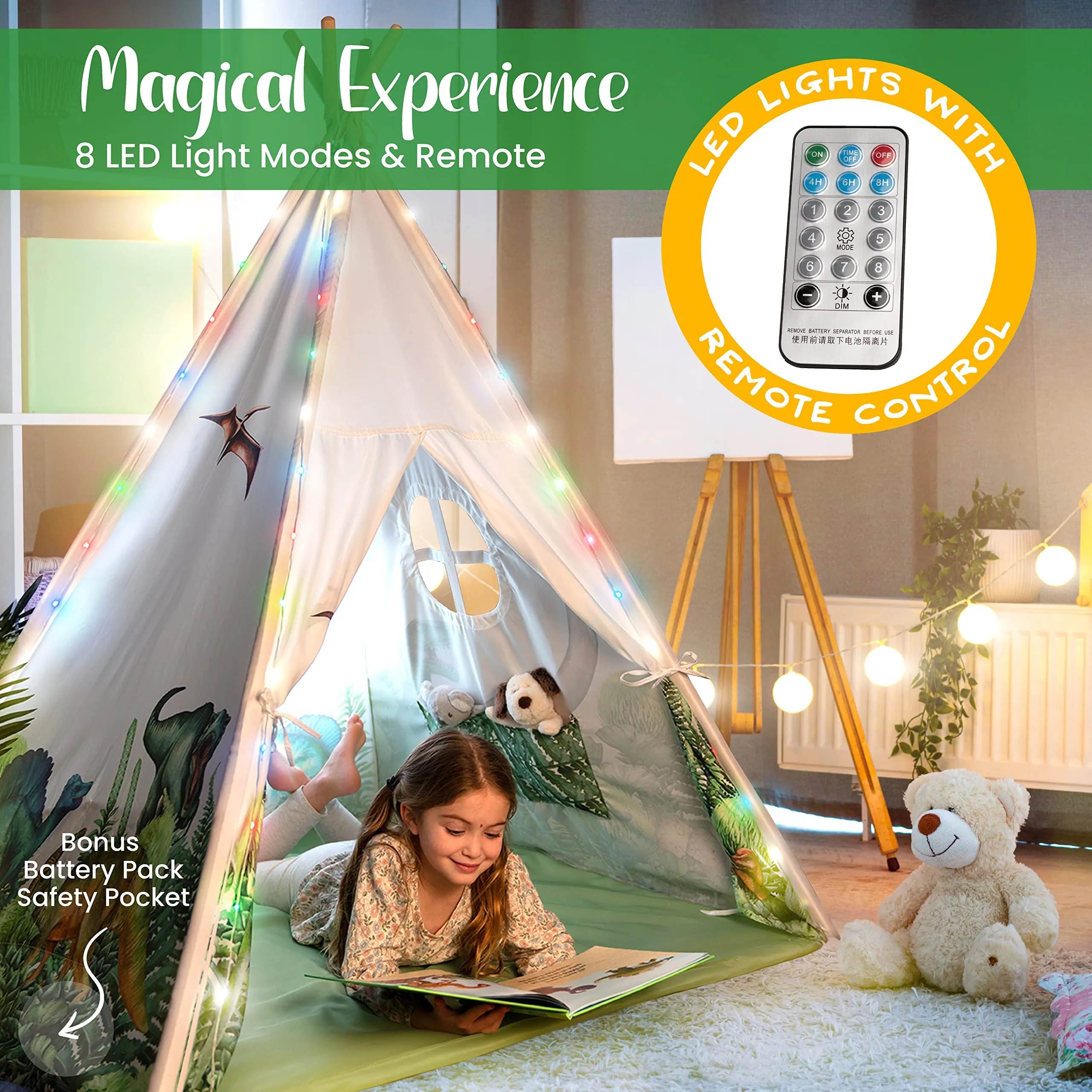Interactive Dinosaur Teepee with LED Lights & Sound - One Size