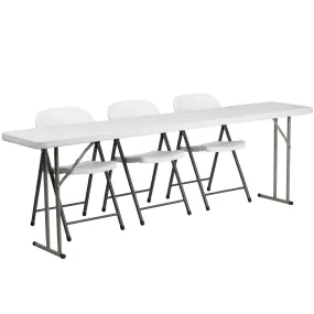 Kathryn 8-Foot Plastic Folding Training Table Set with 3 White Plastic Folding Chairs