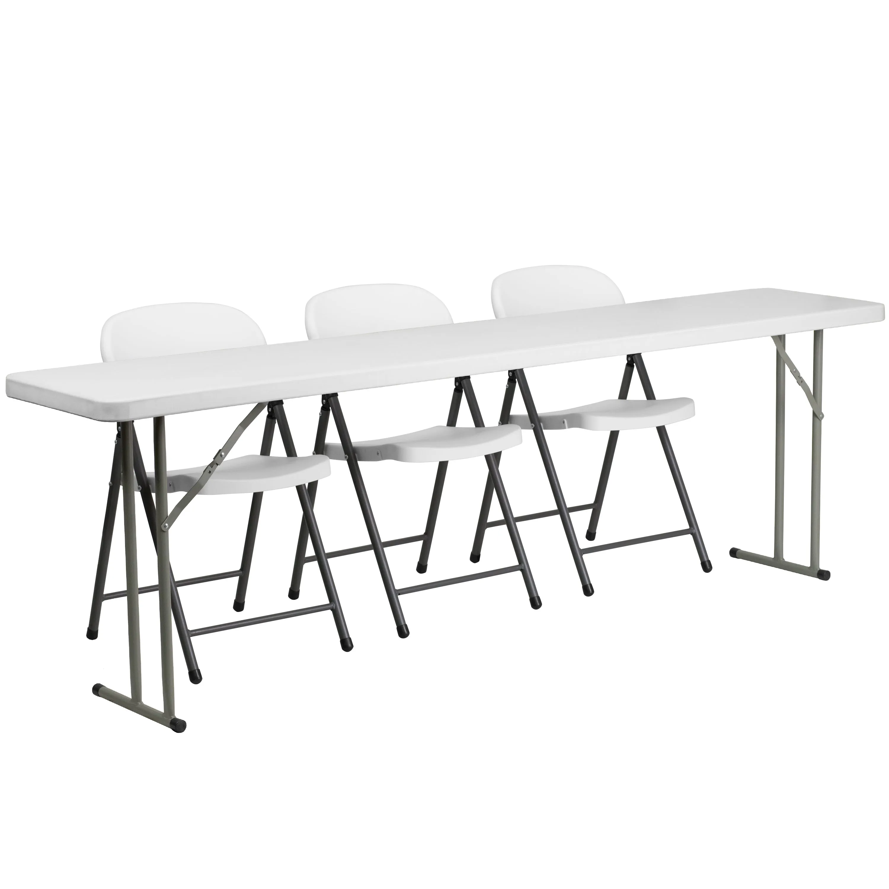 Kathryn 8-Foot Plastic Folding Training Table Set with 3 White Plastic Folding Chairs