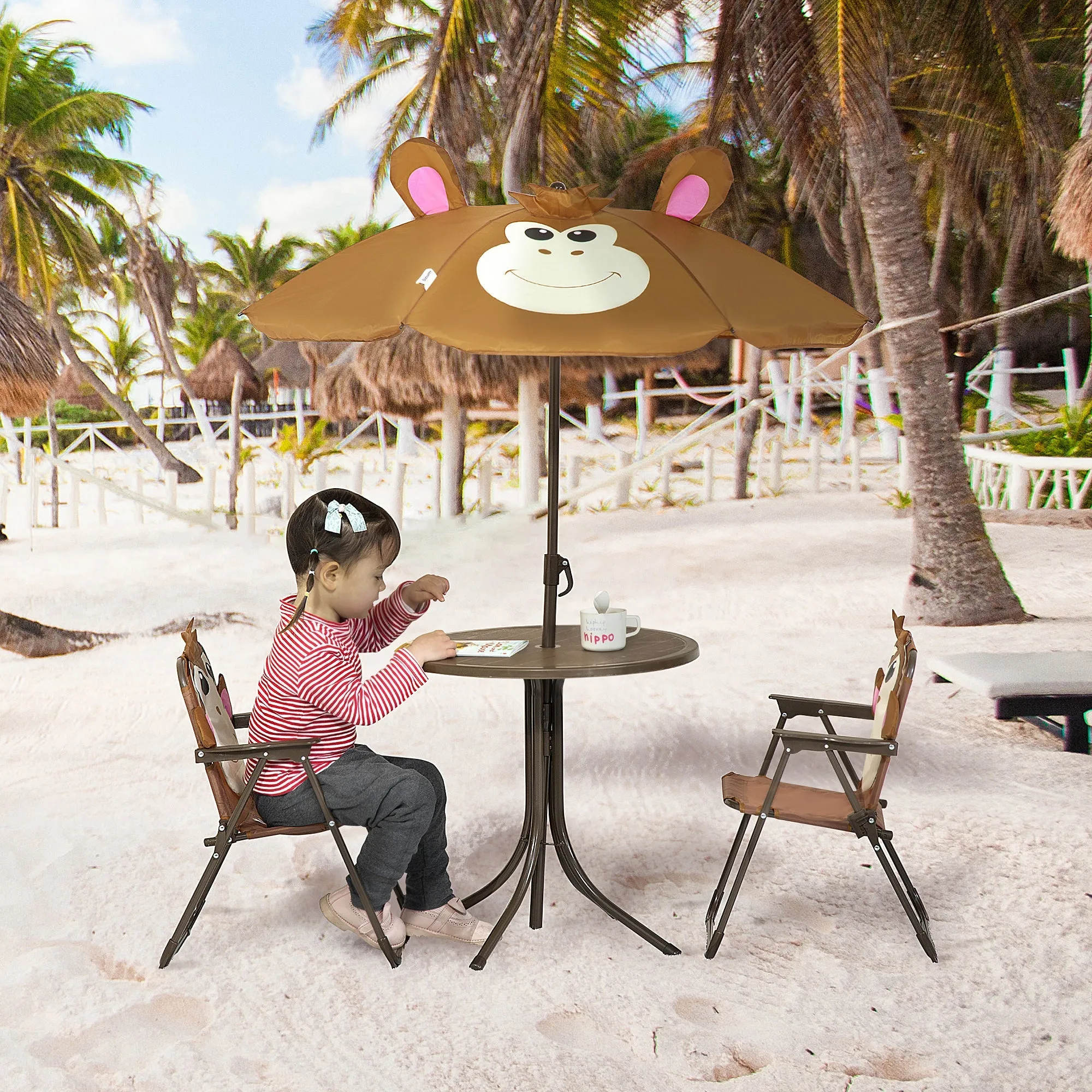 Kids Picnic & Table Chair set Outdoor Folding Garden FurnitureWith Monkey Design Removable Adjustable Sun Umbrella Ages 3-6 Years - Brown