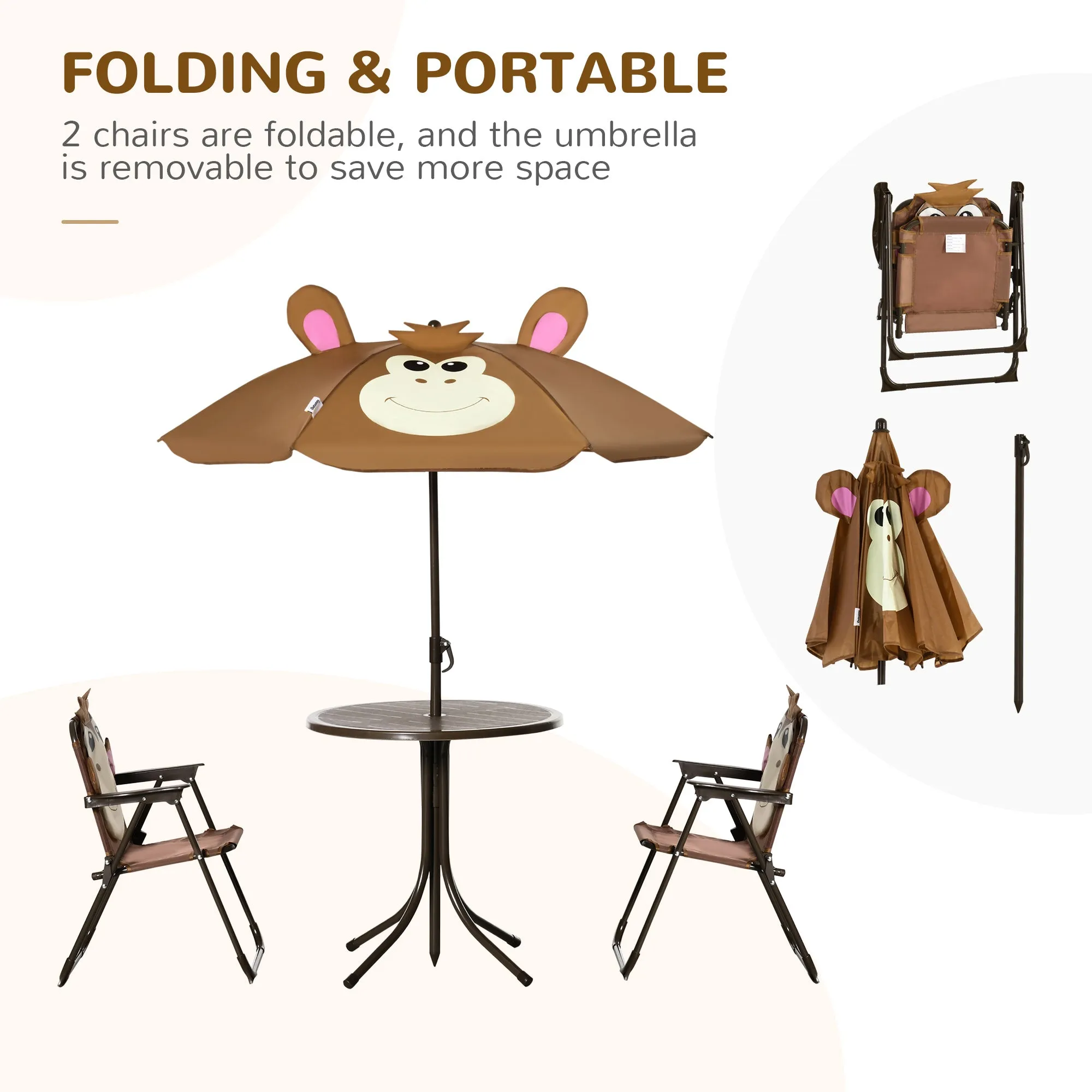 Kids Picnic & Table Chair set Outdoor Folding Garden FurnitureWith Monkey Design Removable Adjustable Sun Umbrella Ages 3-6 Years - Brown
