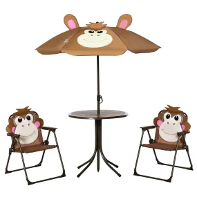 Kids Picnic & Table Chair set Outdoor Folding Garden FurnitureWith Monkey Design Removable Adjustable Sun Umbrella Ages 3-6 Years - Brown