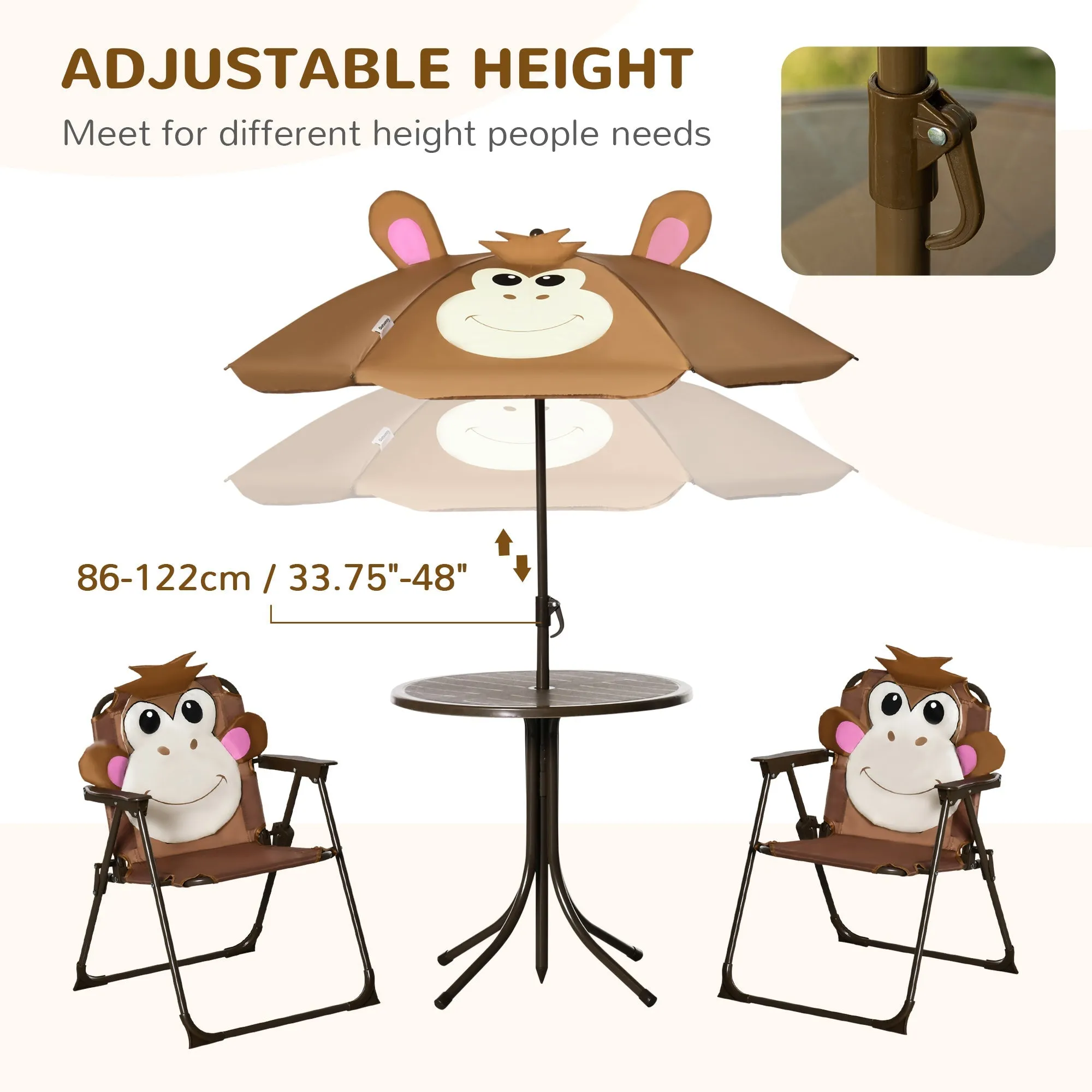 Kids Picnic & Table Chair set Outdoor Folding Garden FurnitureWith Monkey Design Removable Adjustable Sun Umbrella Ages 3-6 Years - Brown