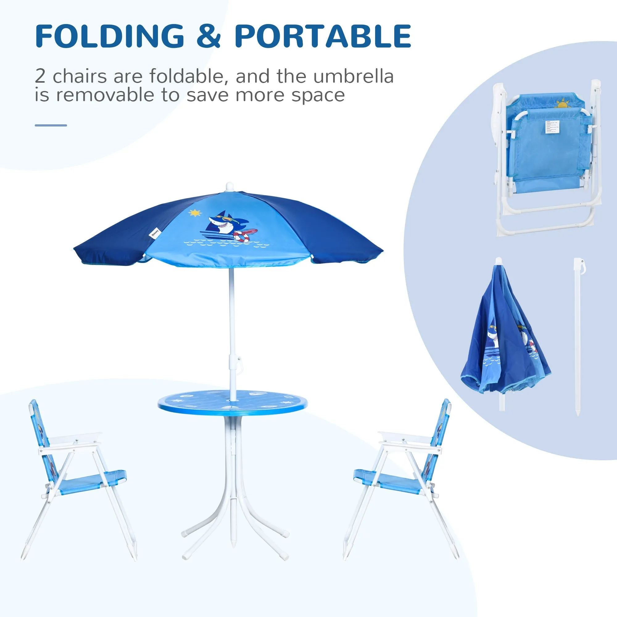 Kids Picnic & Table Chair set Outdoor Folding Garden FurnitureWith Shark Design Removable Adjustable Sun Umbrella Ages 3-6 Years - Blue