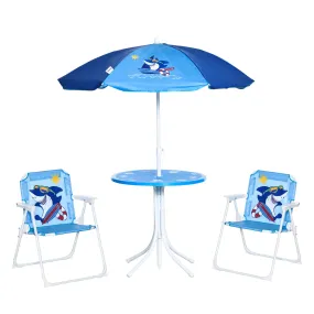Kids Picnic & Table Chair set Outdoor Folding Garden FurnitureWith Shark Design Removable Adjustable Sun Umbrella Ages 3-6 Years - Blue