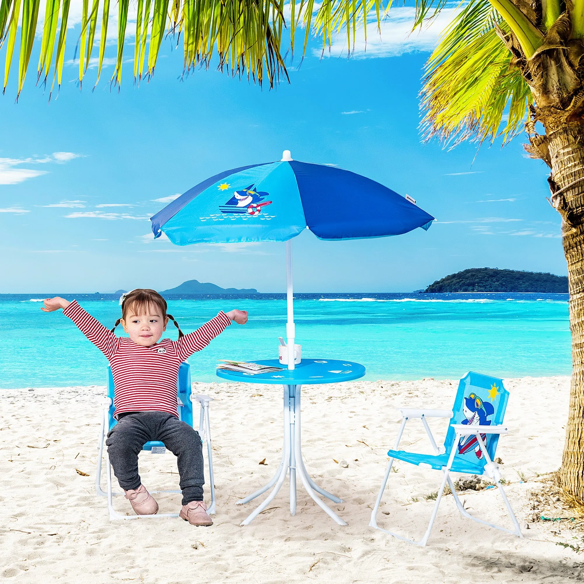 Kids Picnic & Table Chair set Outdoor Folding Garden FurnitureWith Shark Design Removable Adjustable Sun Umbrella Ages 3-6 Years - Blue