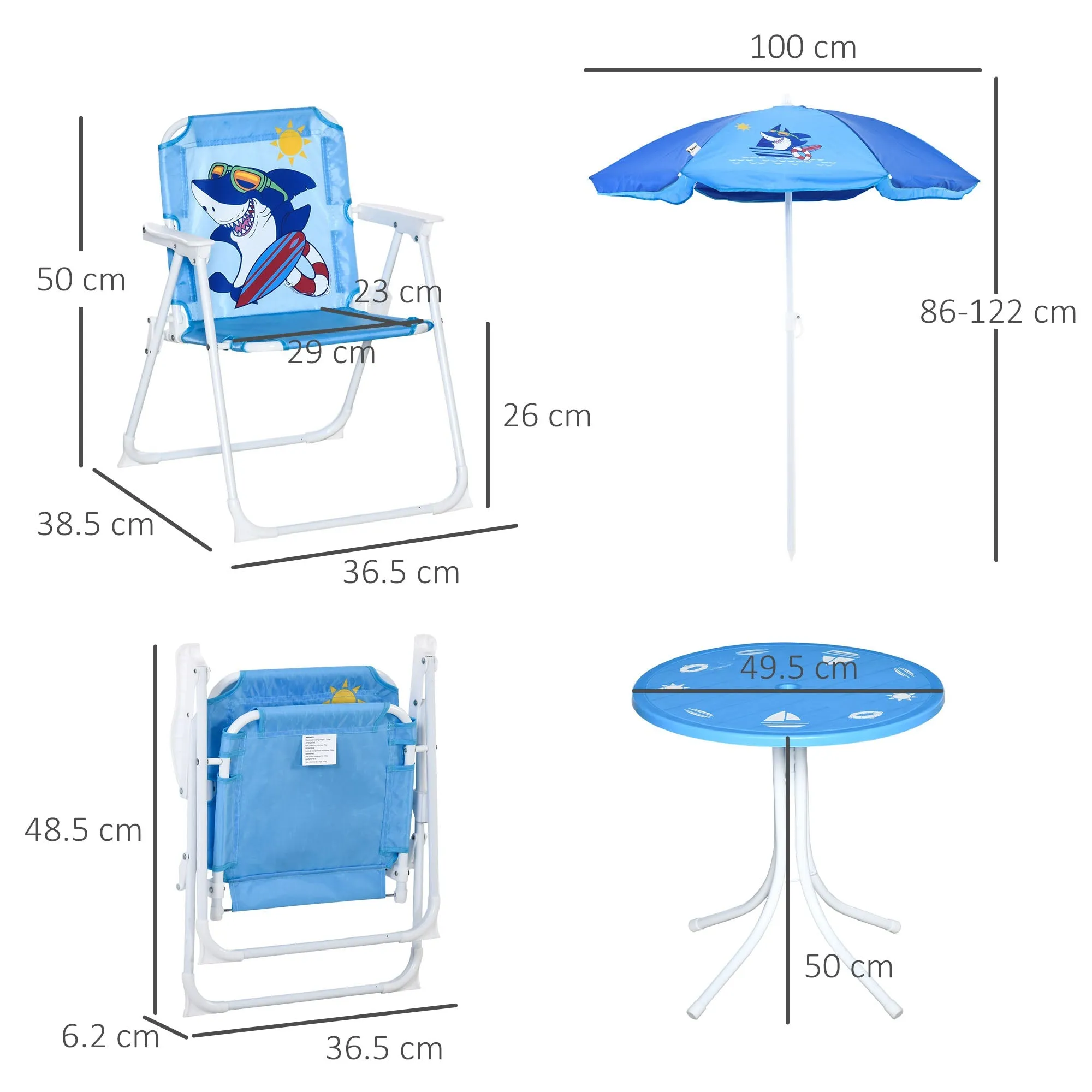 Kids Picnic & Table Chair set Outdoor Folding Garden FurnitureWith Shark Design Removable Adjustable Sun Umbrella Ages 3-6 Years - Blue
