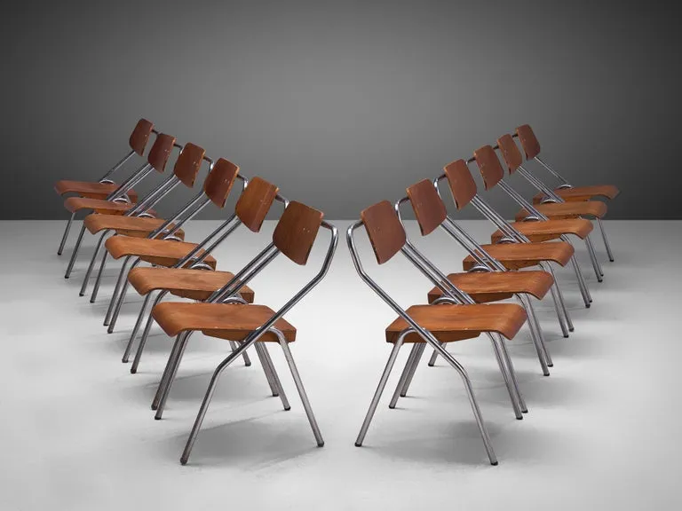 Large Set of Dutch Chairs with Tubular Chrome Frame