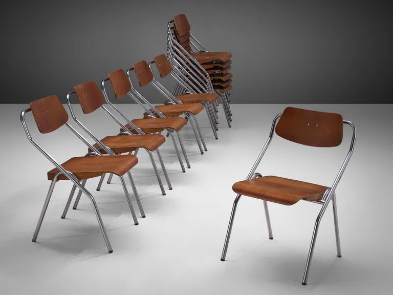Large Set of Dutch Chairs with Tubular Chrome Frame