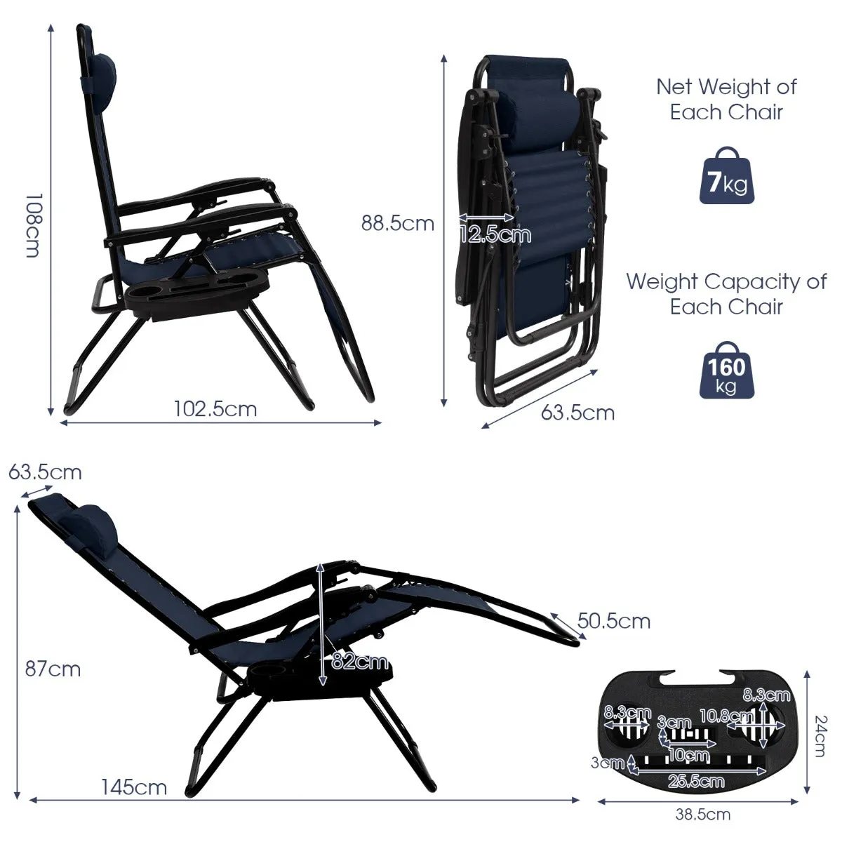 NNECW Patio Zero Gravity Lounge Chair with Cup Holder &amp Removable Pillow-Navy-1 piece