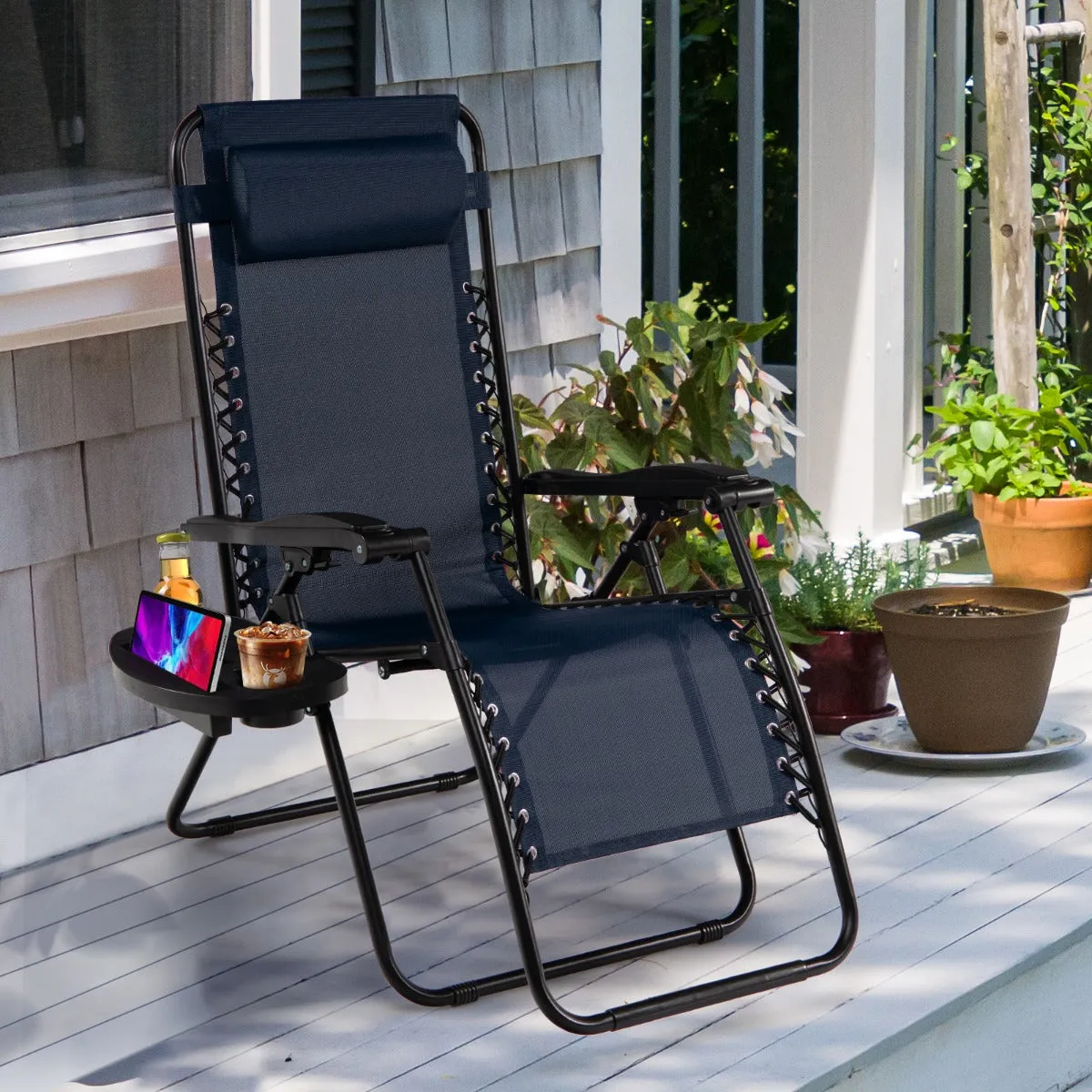 NNECW Patio Zero Gravity Lounge Chair with Cup Holder &amp Removable Pillow-Navy-1 piece
