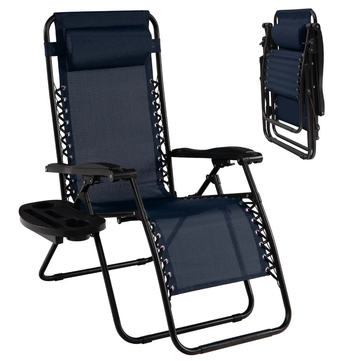 NNECW Patio Zero Gravity Lounge Chair with Cup Holder &amp Removable Pillow-Navy-1 piece