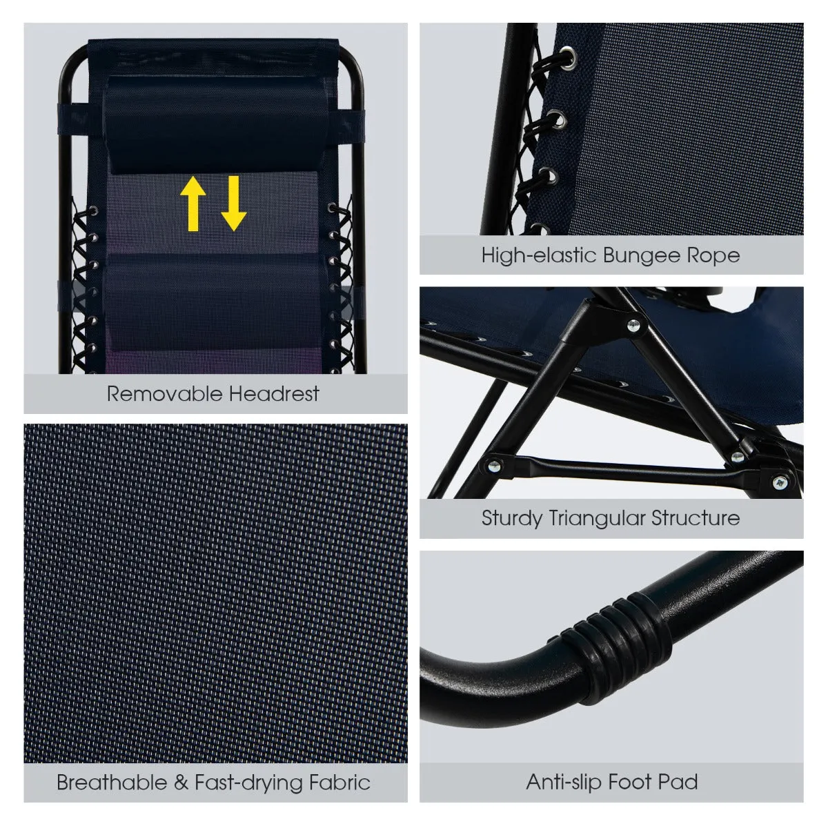 NNECW Patio Zero Gravity Lounge Chair with Cup Holder &amp Removable Pillow-Navy-1 piece