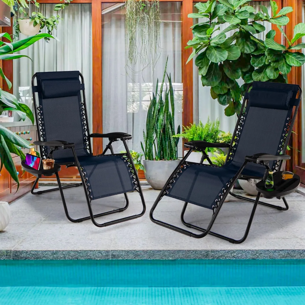 NNECW Patio Zero Gravity Lounge Chair with Cup Holder &amp Removable Pillow-Navy-1 piece