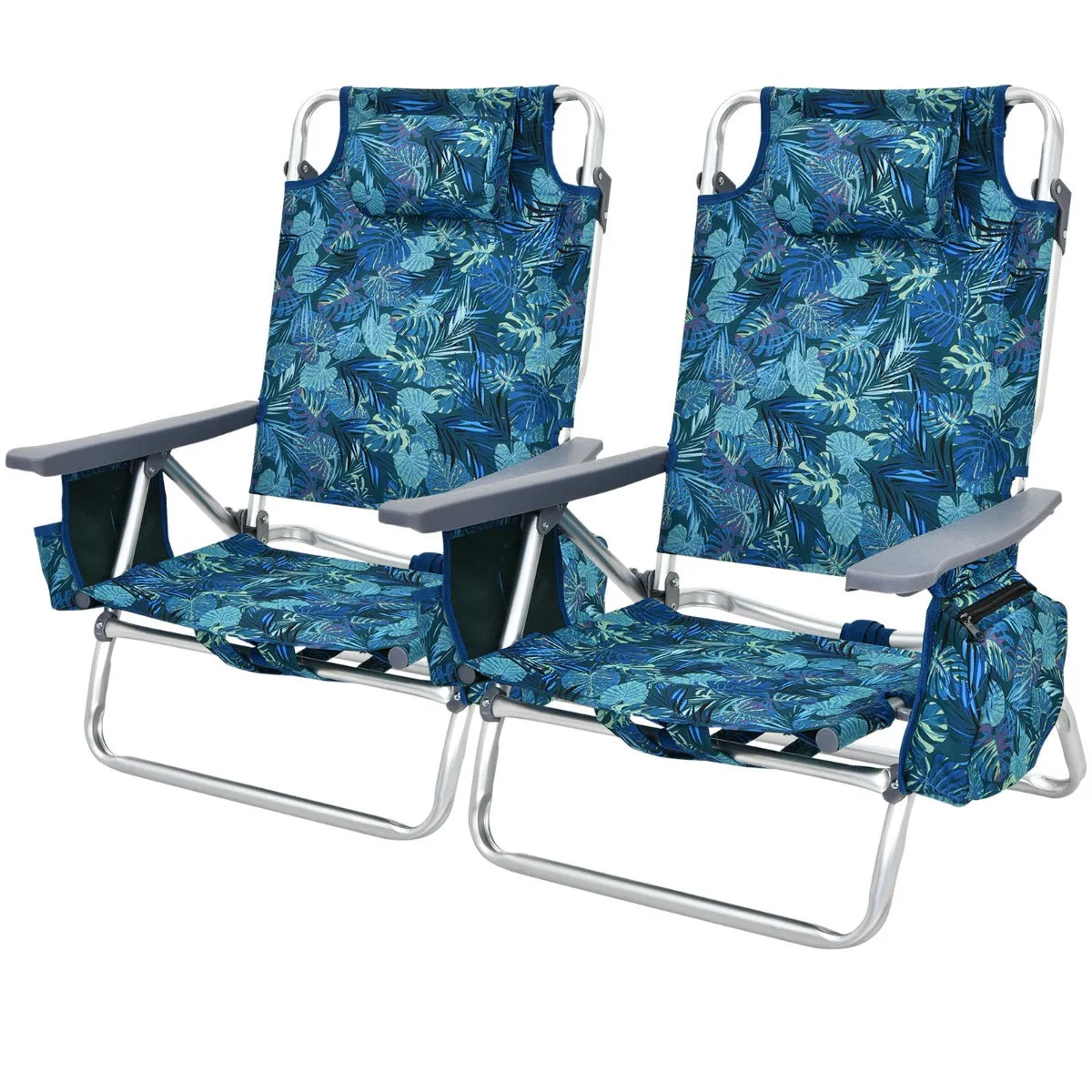 NNECW Set of 2 Folding Beach Chair Set with Headrest and Cup Holder-Blue