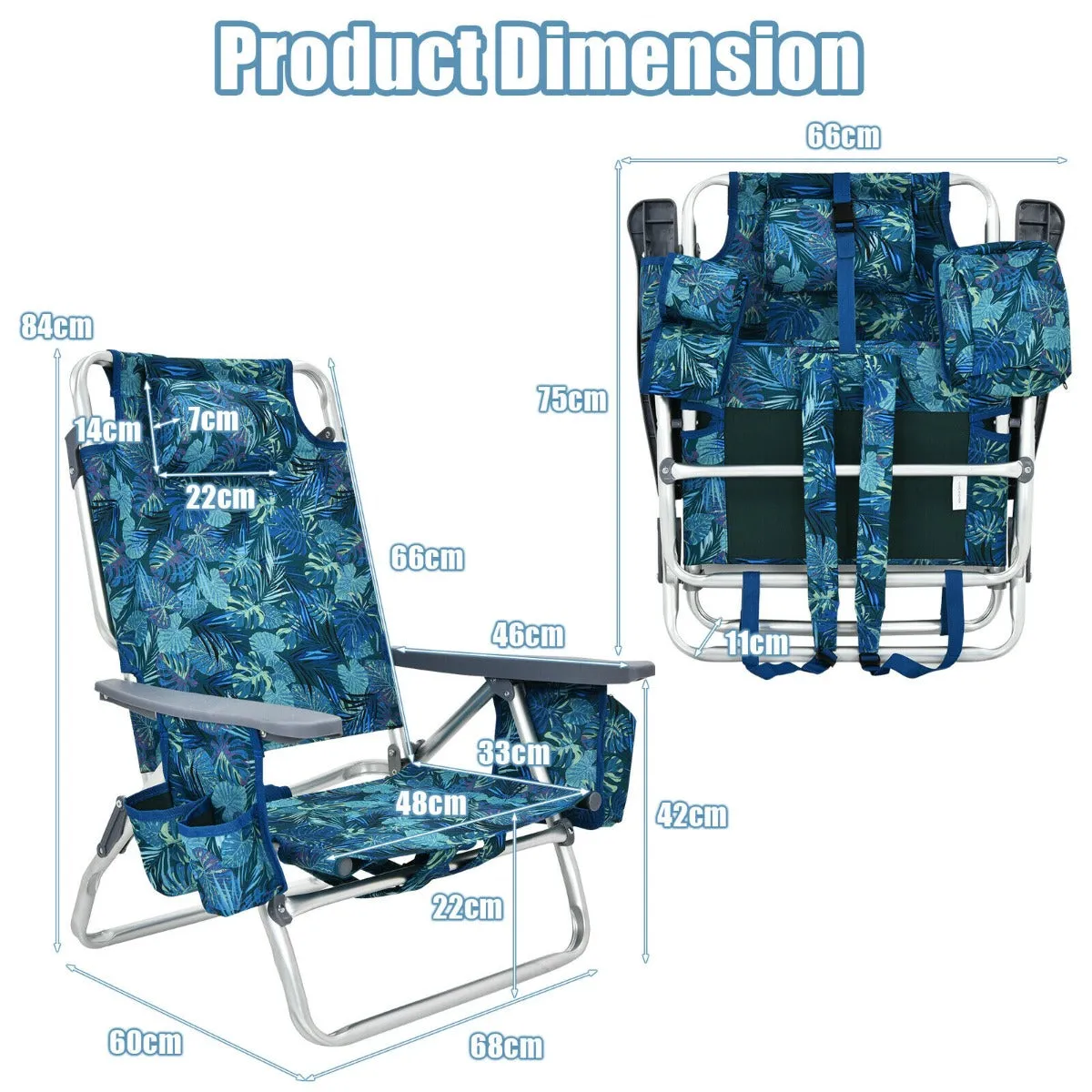 NNECW Set of 2 Folding Beach Chair Set with Headrest and Cup Holder-Blue