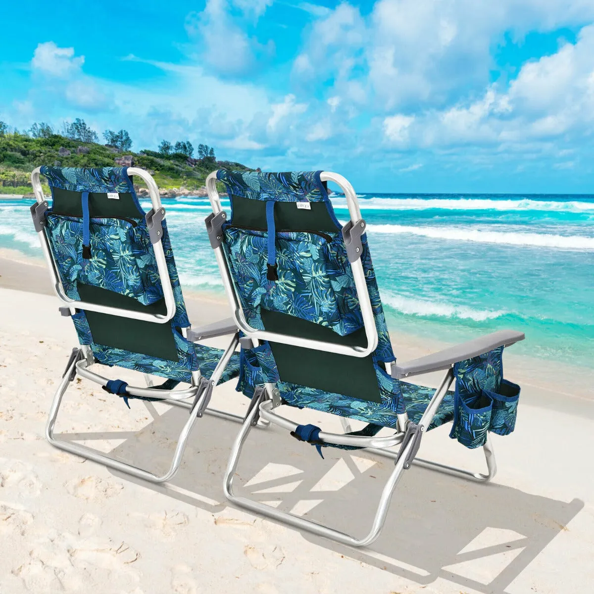 NNECW Set of 2 Folding Beach Chair Set with Headrest and Cup Holder-Blue