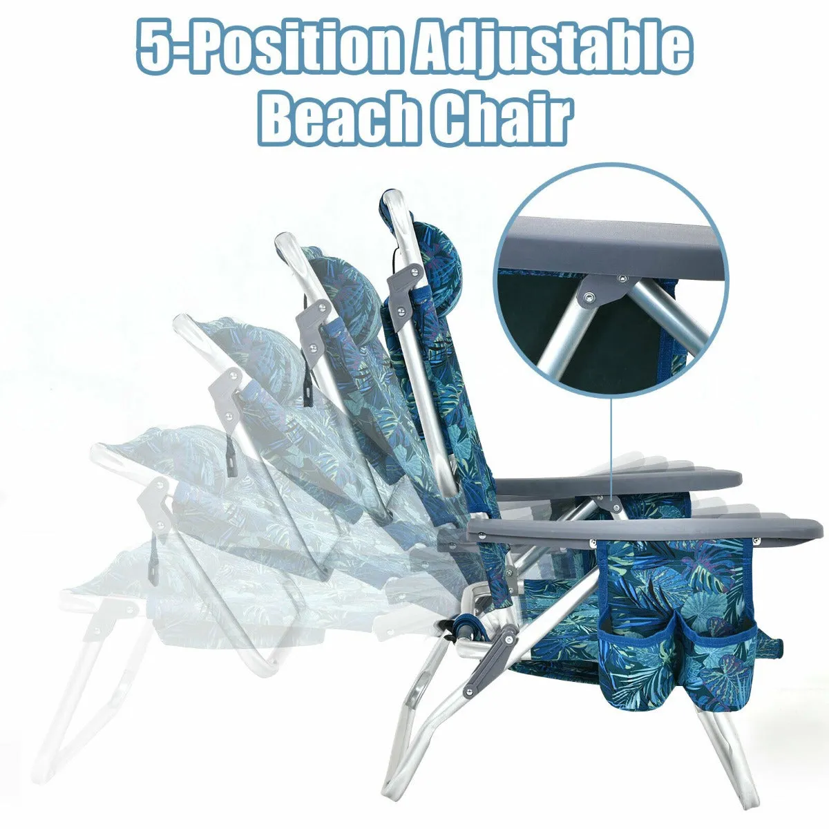 NNECW Set of 2 Folding Beach Chair Set with Headrest and Cup Holder-Blue