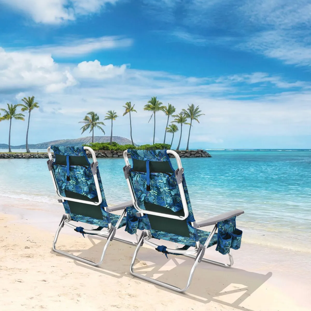 NNECW Set of 2 Folding Beach Chair Set with Headrest and Cup Holder-Blue