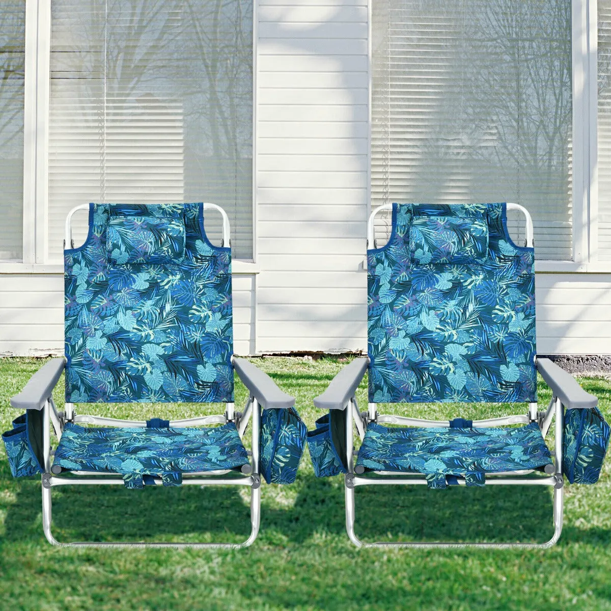 NNECW Set of 2 Folding Beach Chair Set with Headrest and Cup Holder-Blue