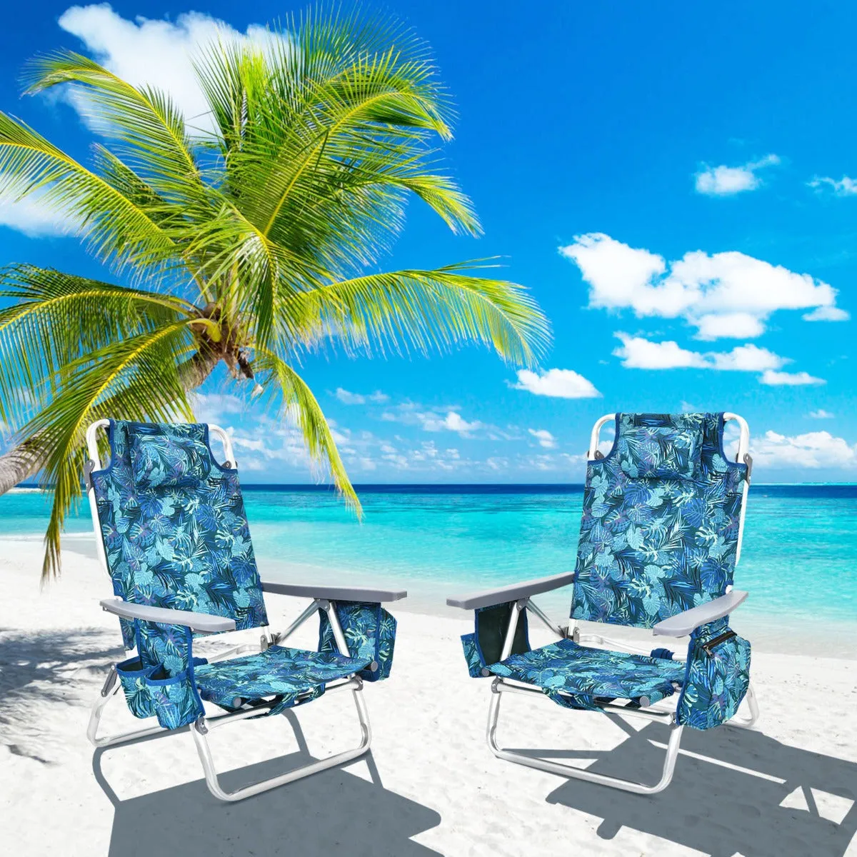 NNECW Set of 2 Folding Beach Chair Set with Headrest and Cup Holder-Blue