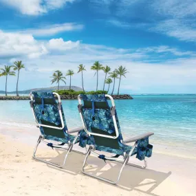 NNECW Set of 2 Folding Beach Chair Set with Headrest and Cup Holder-Blue
