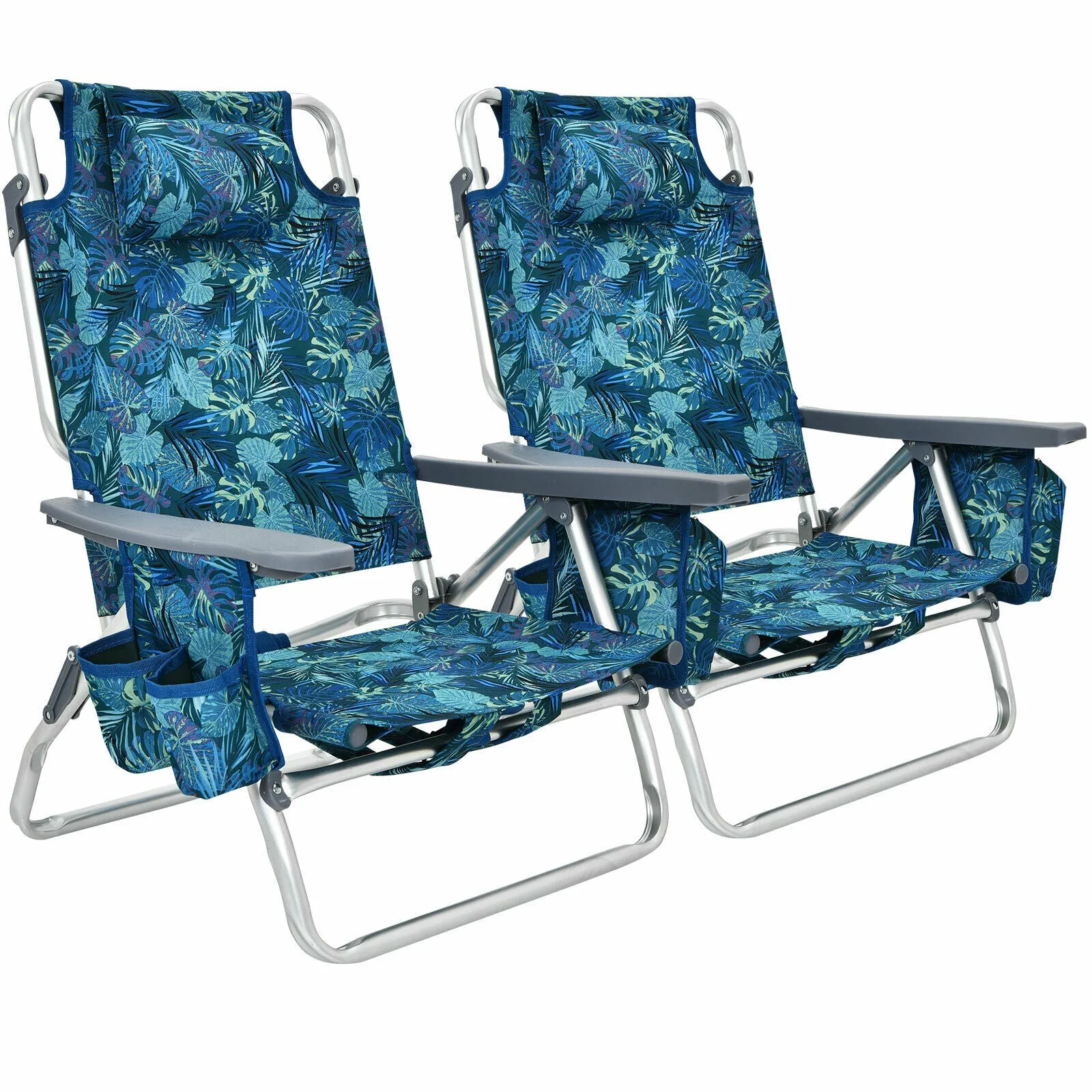 NNECW Set of 2 Folding Beach Chair Set with Headrest and Cup Holder-Blue