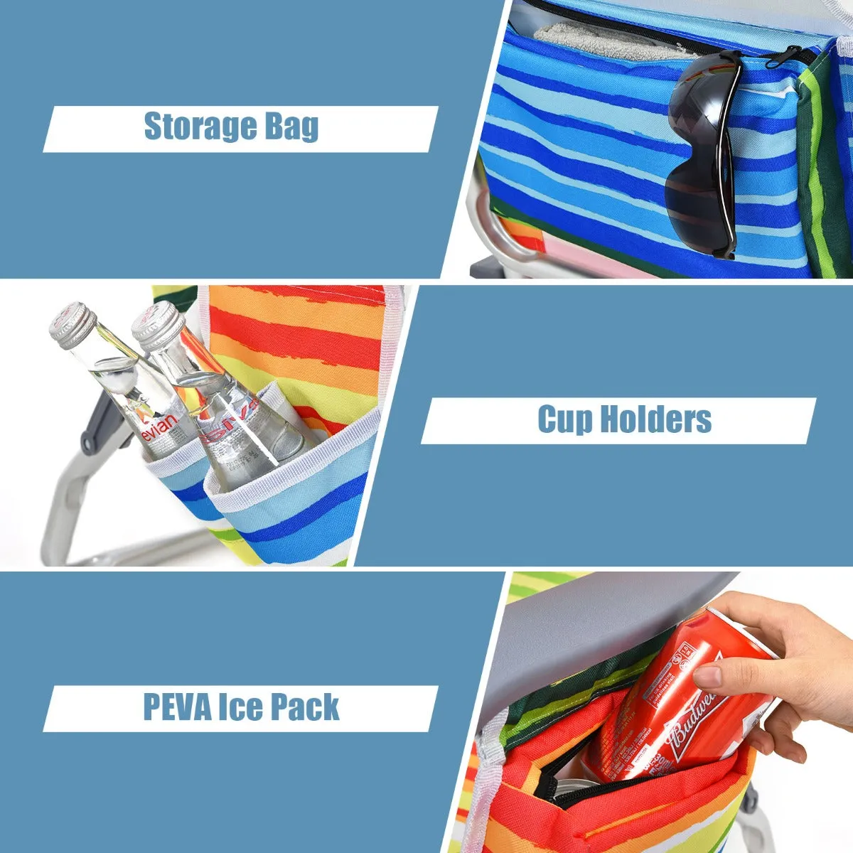 NNECW Set of 2 Folding Beach Chair Set with Headrest and Cup Holder-Multicolor