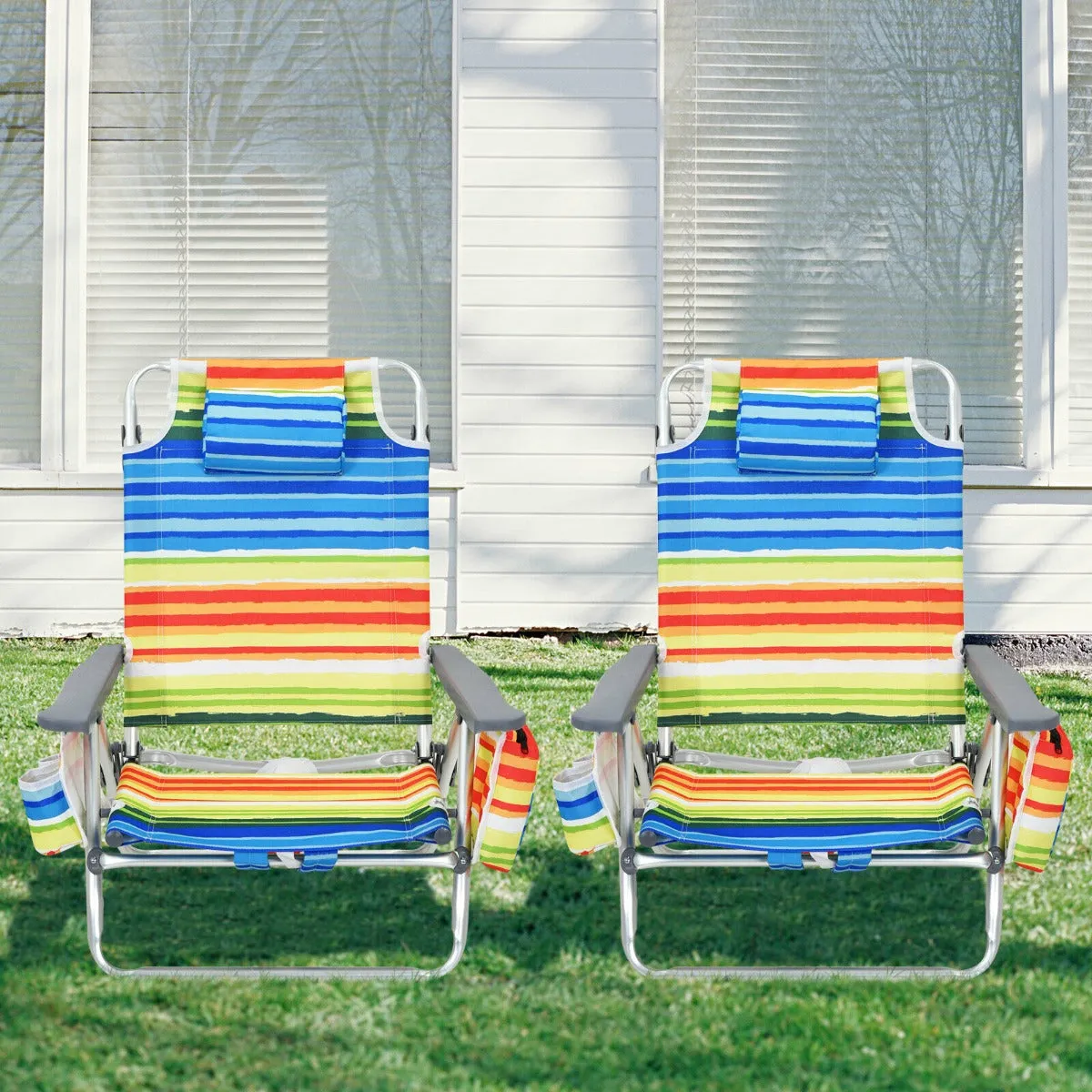 NNECW Set of 2 Folding Beach Chair Set with Headrest and Cup Holder-Multicolor