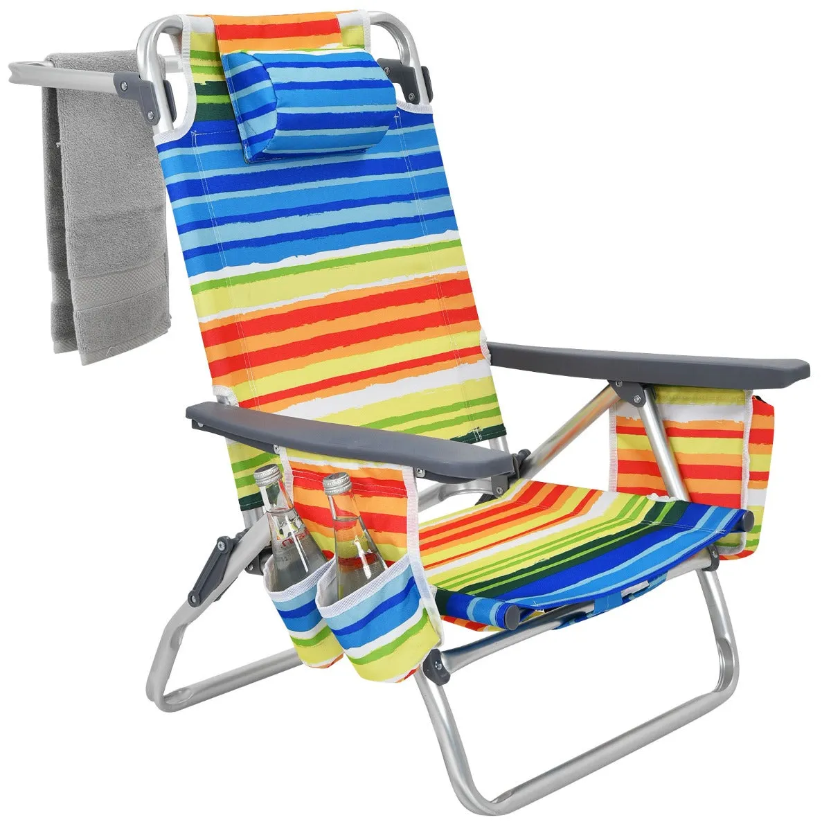 NNECW Set of 2 Folding Beach Chair Set with Headrest and Cup Holder-Multicolor