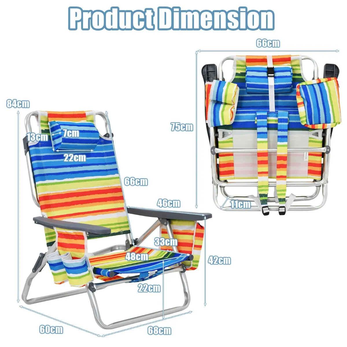 NNECW Set of 2 Folding Beach Chair Set with Headrest and Cup Holder-Multicolor