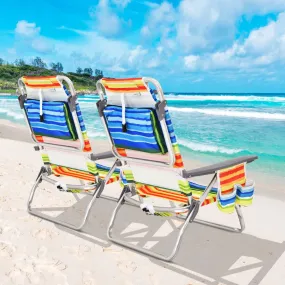NNECW Set of 2 Folding Beach Chair Set with Headrest and Cup Holder-Multicolor