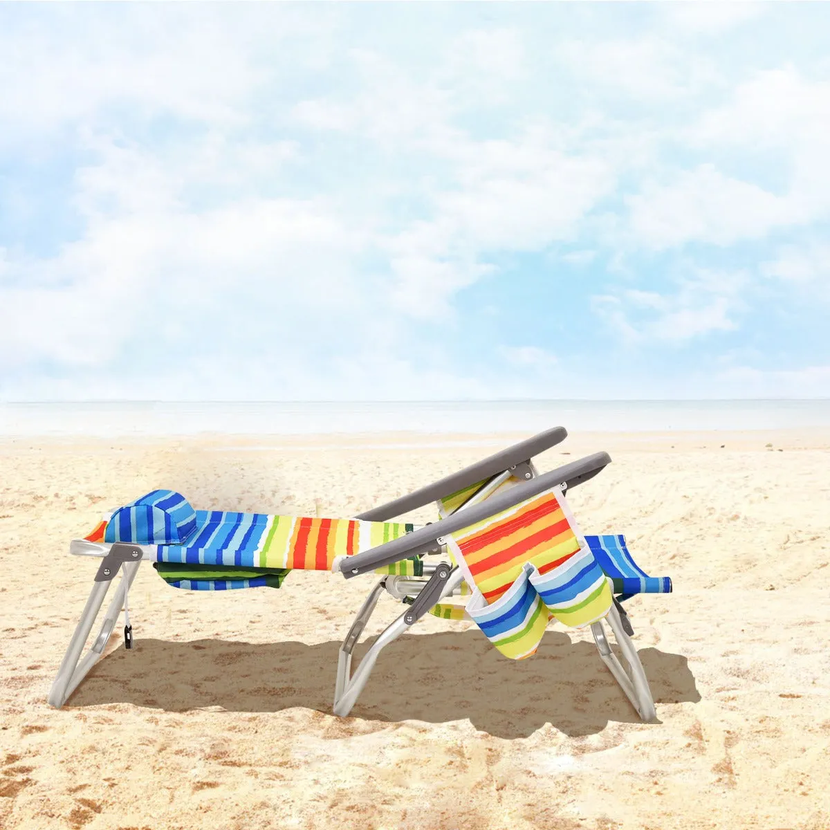 NNECW Set of 2 Folding Beach Chair Set with Headrest and Cup Holder-Multicolor