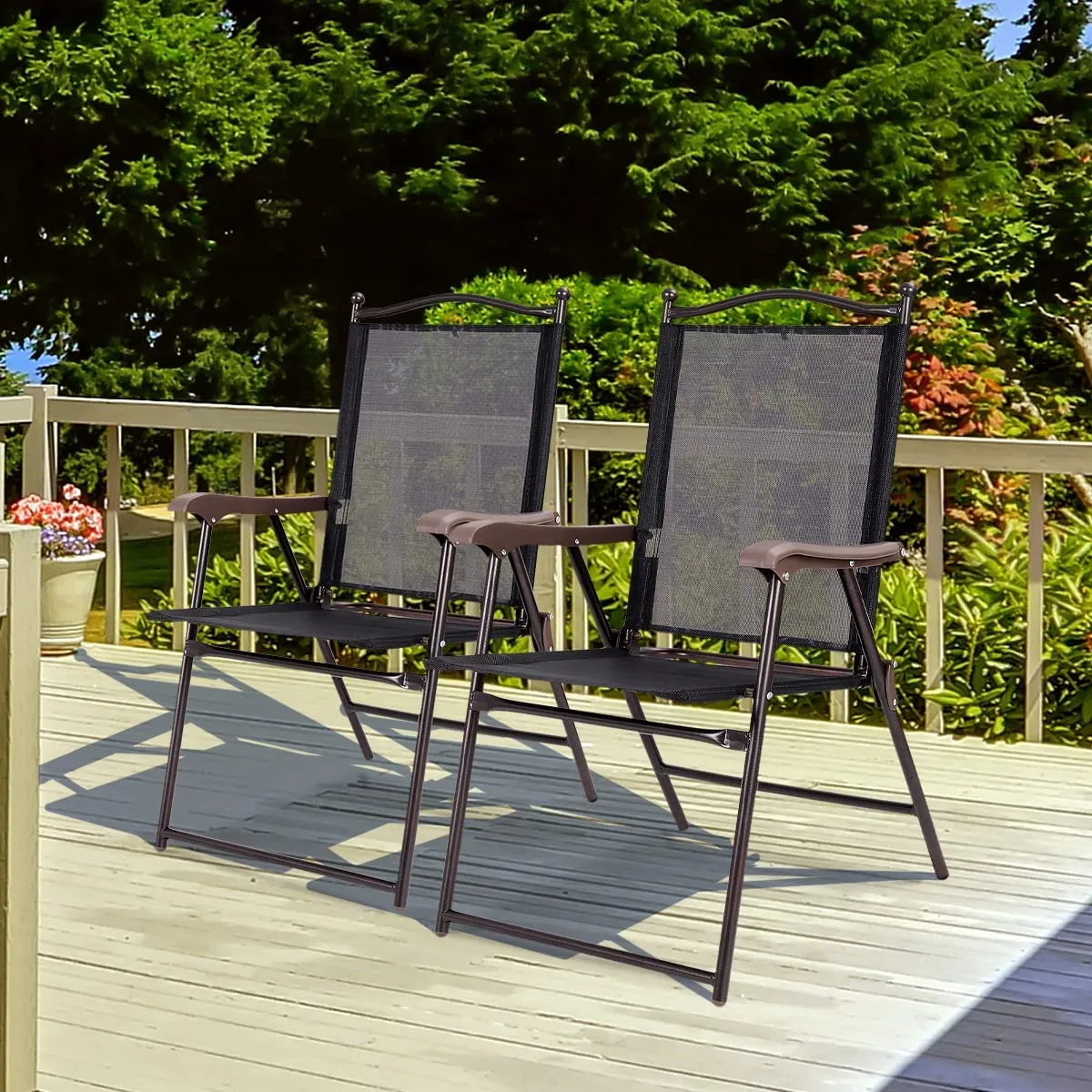 NNECW Set of 2 Patio Folding Chairs with Armrests for Garden Black